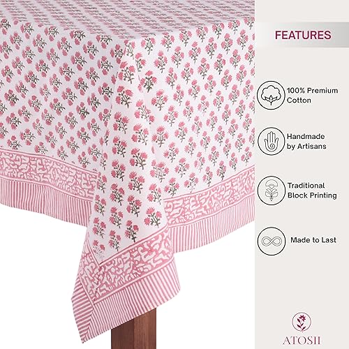 Miniatura 2 de ATOSII - Mantel Gulbahar blanco y rosa de 100 % algodón, estampado floral a mano, rectangular, lavable, para mesa de cocina, comedor, buffet,