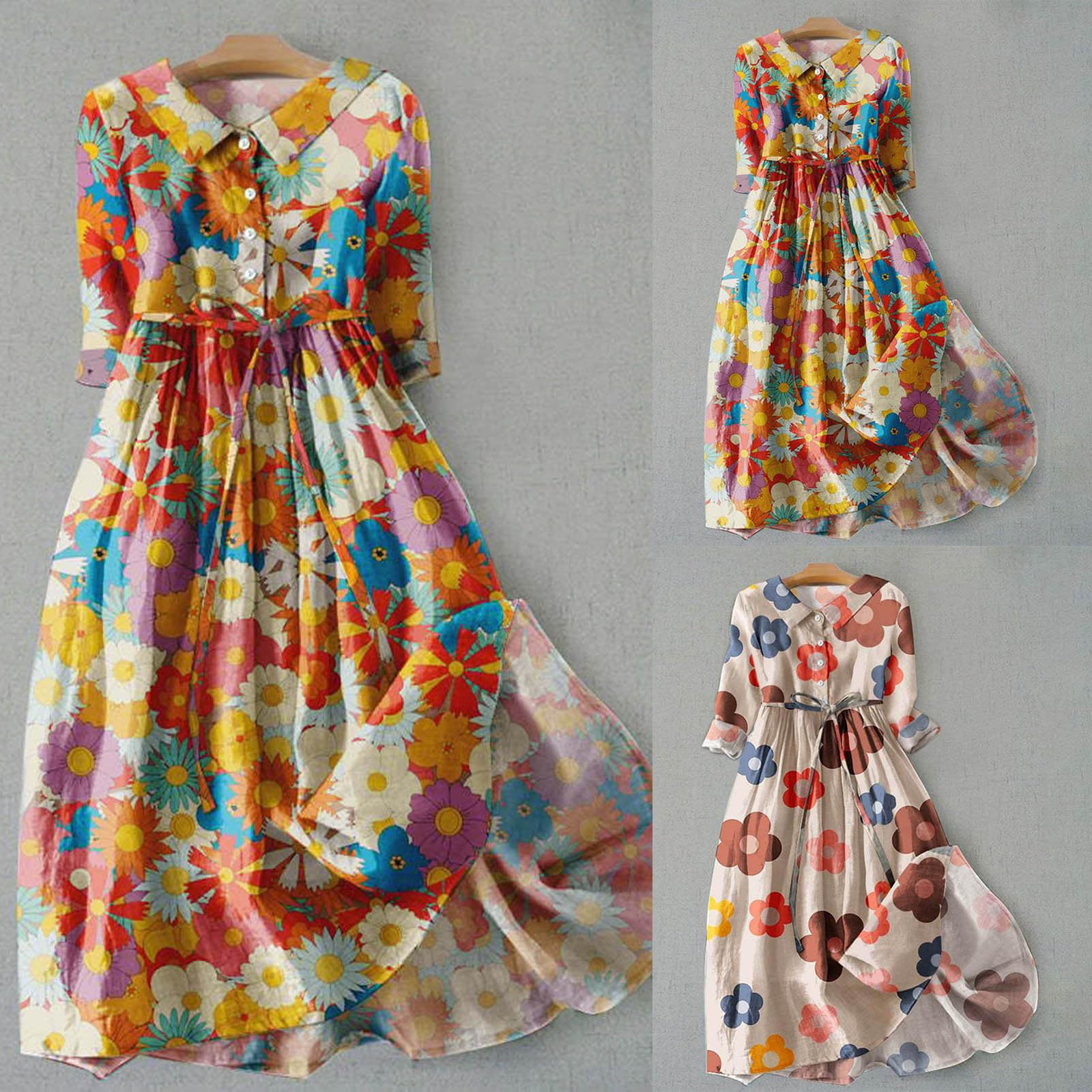Vestido de verano para mujer, ligero y aireado, vestido de playa, vestido informal, elegante, bohemio, floral, largo, vestido de playa, vestido de blusa, vestido de manga larga, vestido de primavera