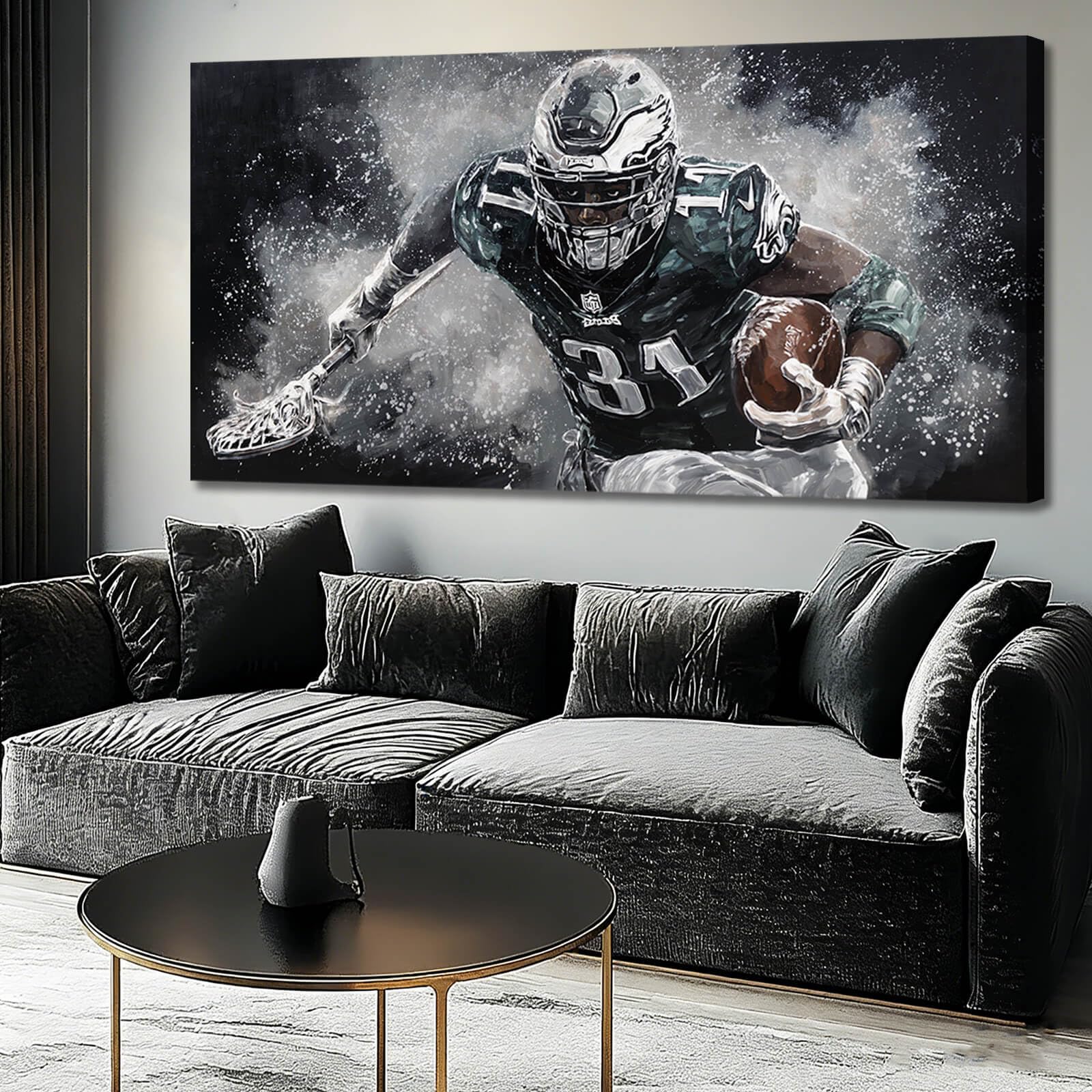 Photo 1 of WINKAILIN Modern American Football Player Canvas Wall Art Black and Grey Sports Painting Green Poster for Living Room Bedroom Office Gym Contemporary Decor 24x48 Inch