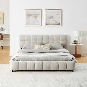 extrasleep Cloud Bed Frame with 4 Storage Drawers Queen Size, Upholstered Storage Bed Frames with Chenille Fabric, Modern Soft Frame Cloud Bed, Marshmallow Bed Frame, No Box Spring Needed, Beige