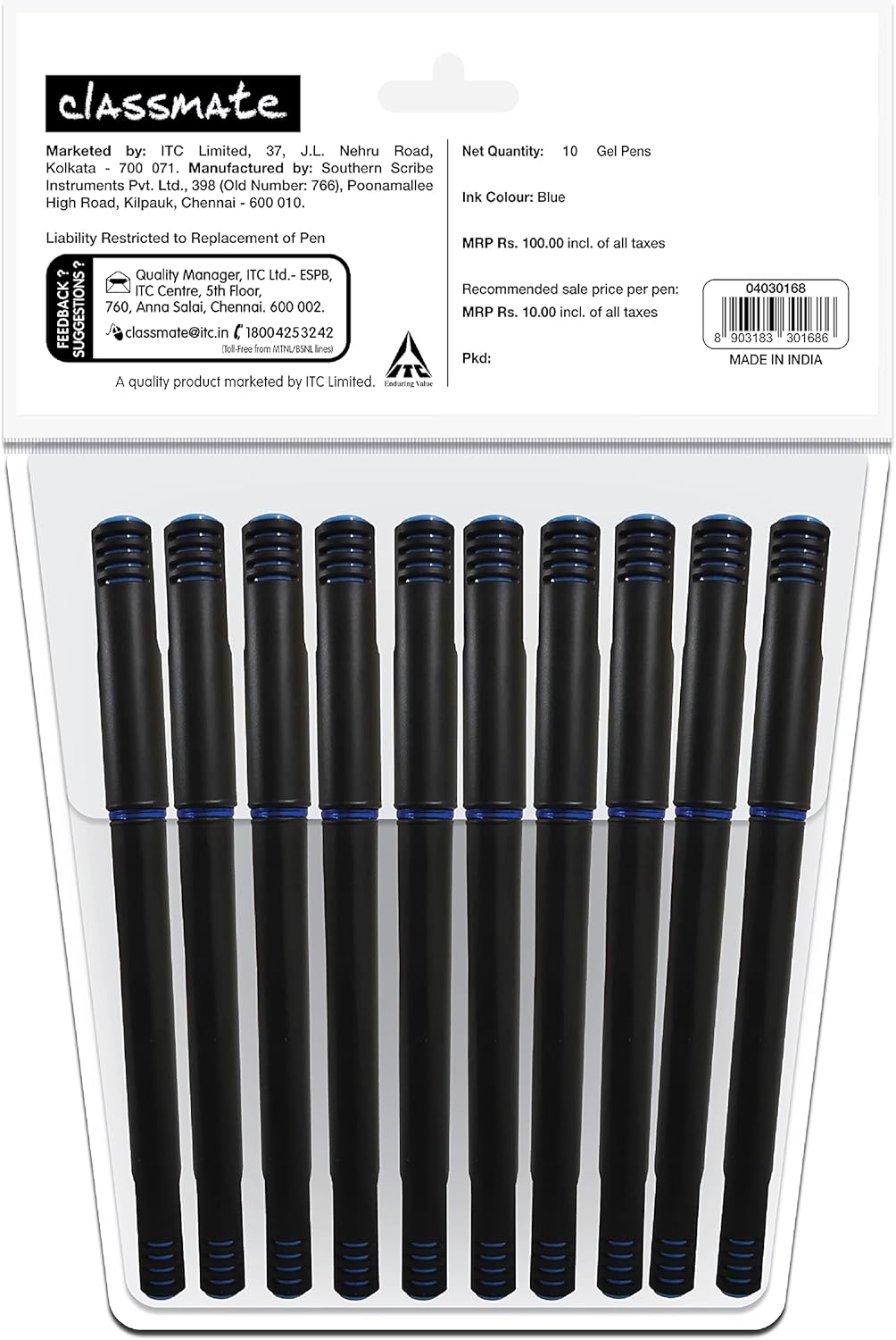Classmate Octane- Blue Gel Pens (Pack of 10)|Smooth Writing Pens|Water-proof ink for smudge-free writing|Preferred by Students for Exam & Class notes|Study at home essentials