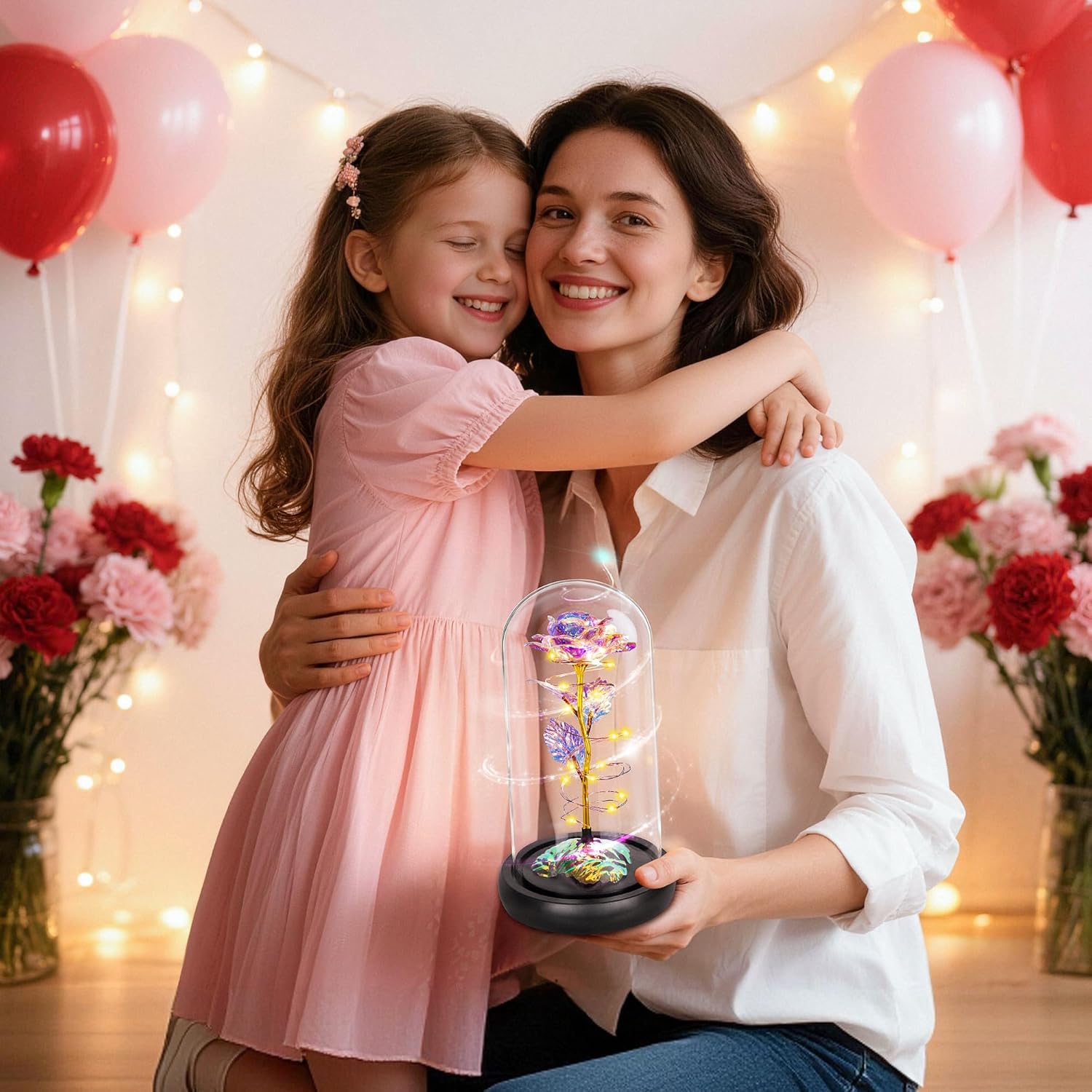 Childom Mothers Day Roses Gifts for Women Mom Grandma,Birthday Gifts for Women,3 Pcs Red Preserved Flowers with Rotating Light Up Rose Dome,Valentines Roses Flowers Gifts for Wife Girl Anniversary