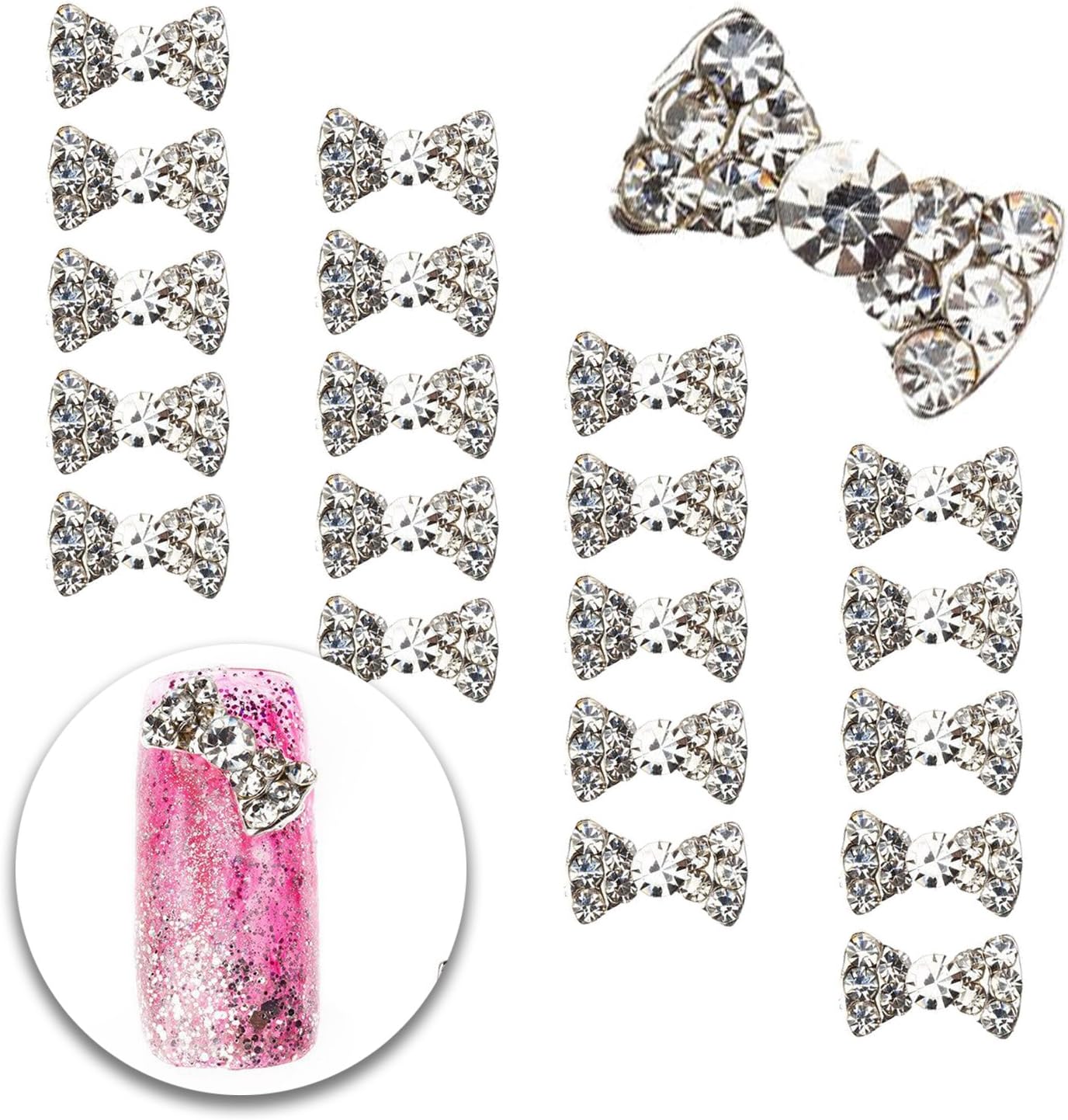 3D Nail Art Manicure Designs Set of 20pcs Bowties Bow Ties Shaped Decorations Studded With Clear Crystals Rhinestones Gems