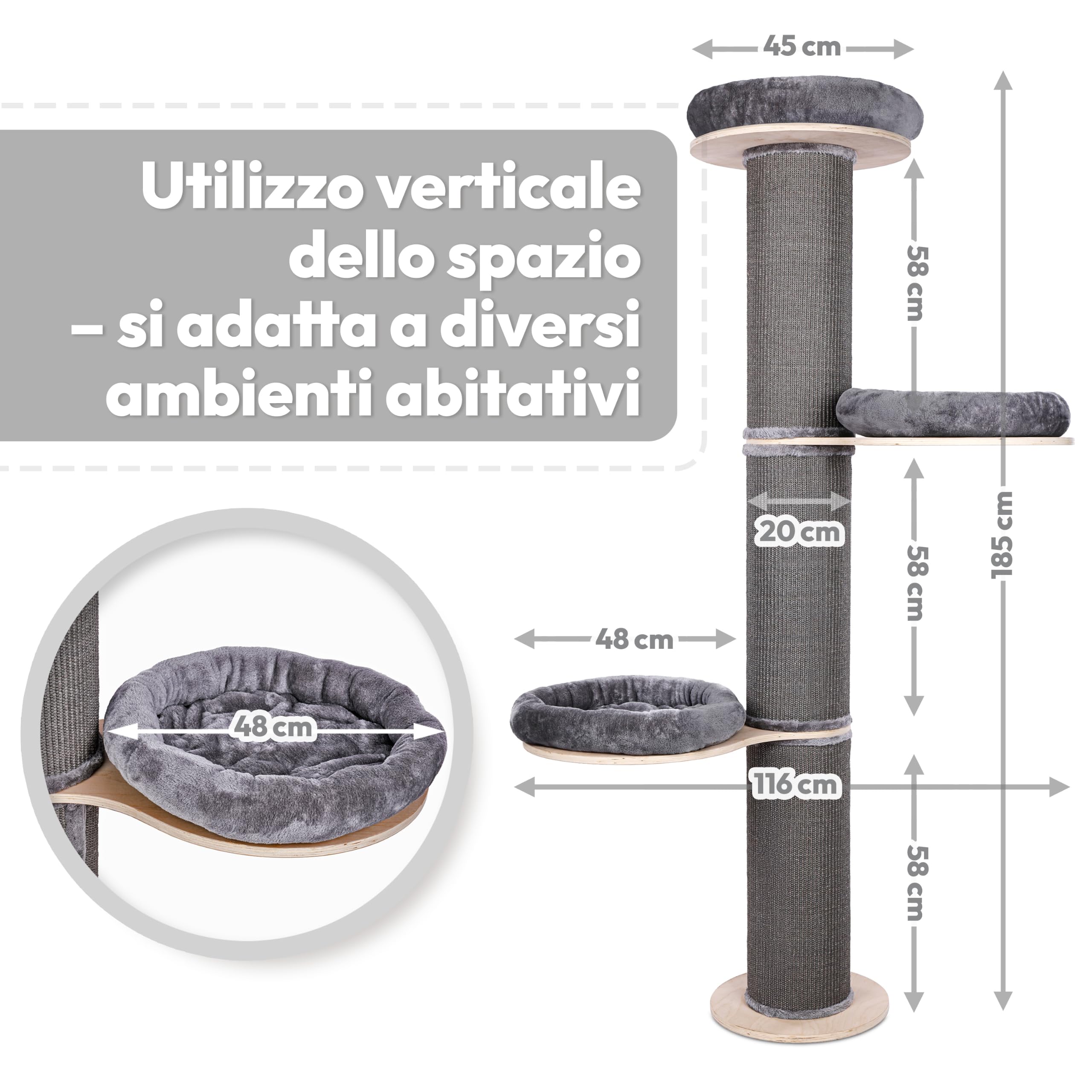 Tiragraffi per Gatti Adulti XXL 185 cm, Tappeto Premium, Grigio