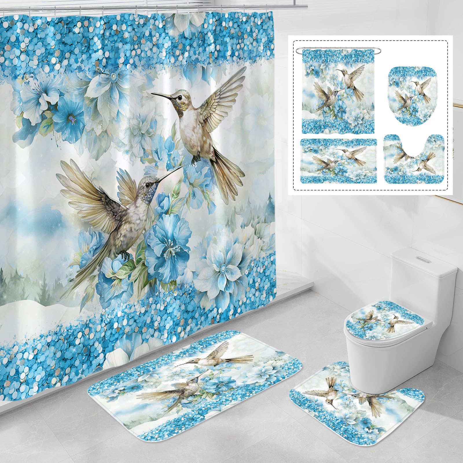 Litabel 4 Pcs Blue Hummingbird Flower Shower Curtain Set with Rugs - Rustic Floral Bathroom Decor (Hooks Not Included)