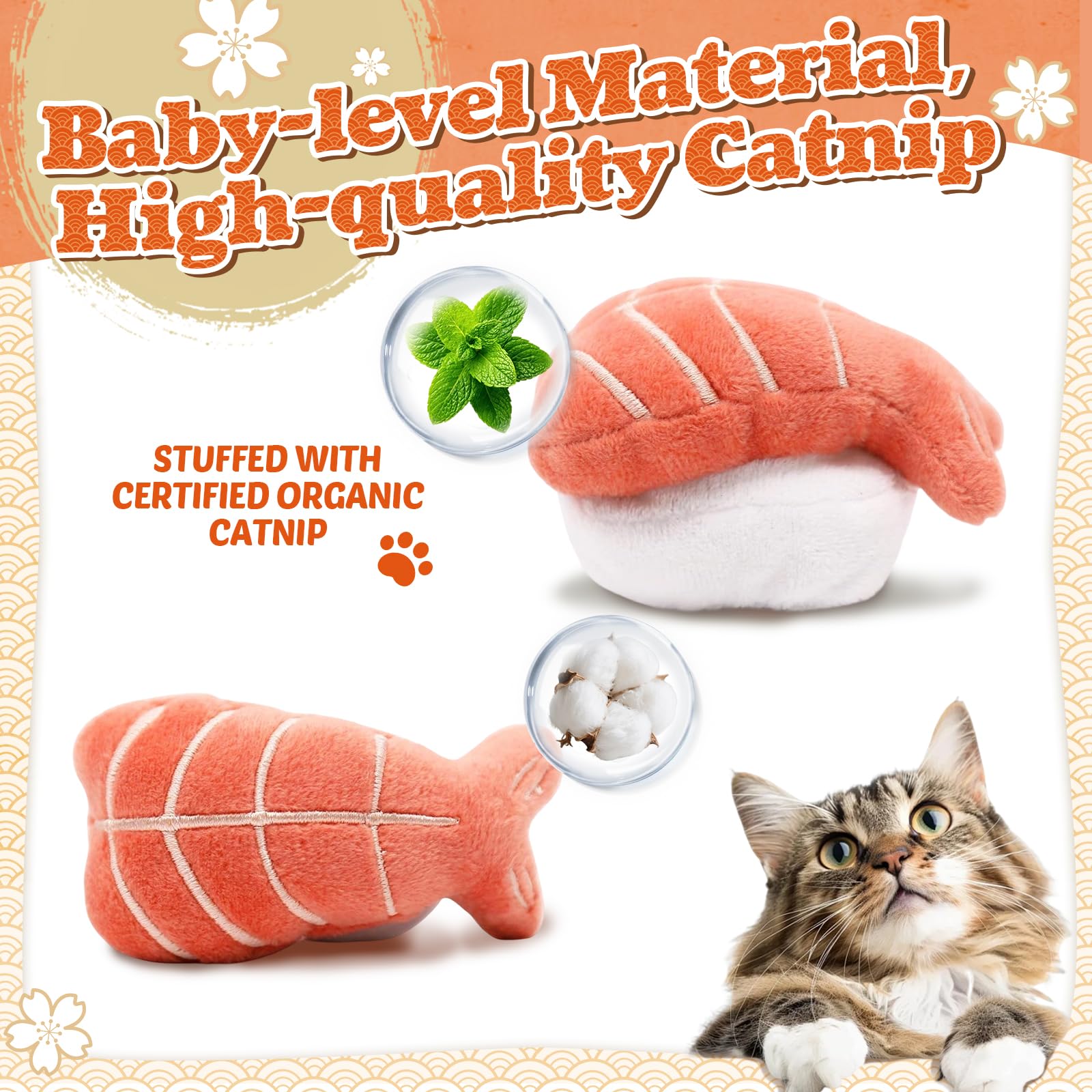 CiyvoLyeen Confezione da 6 giocattoli per gatti con erba gatta cuscino a rotolo per sushi per gattini da masticare forniture per morsi di noia soffice gattino pulizia dei denti da masticare amanti dei