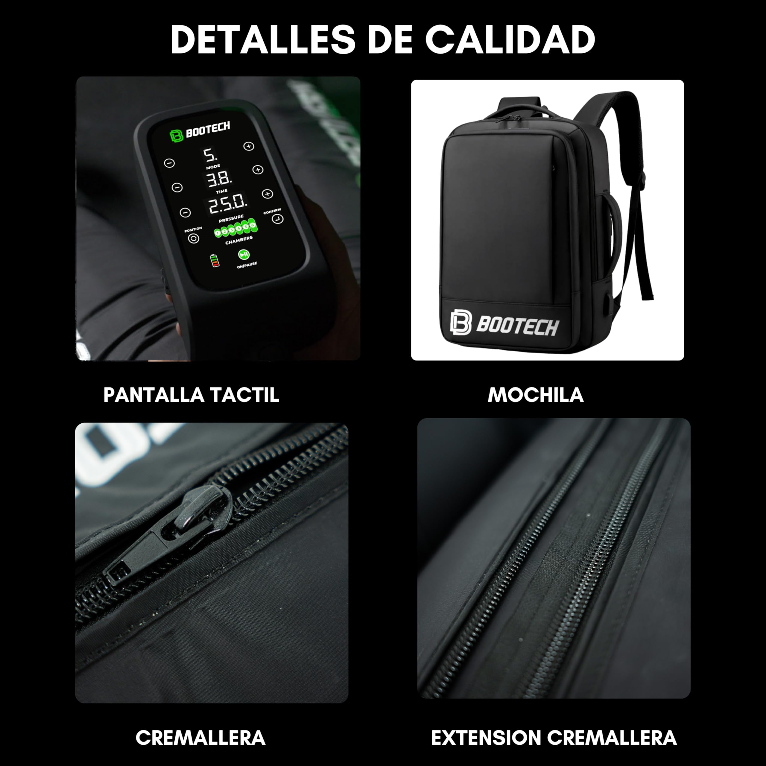 BOOTECH Presoterapia Premium Recargable para Casa, Masajeador de Piernas Cansados, Mejora la Circulación, Recuperación Muscular Drenaje Linfático Celulitis Bateria 6H,6 Camaras 3 Años Garantía(M)