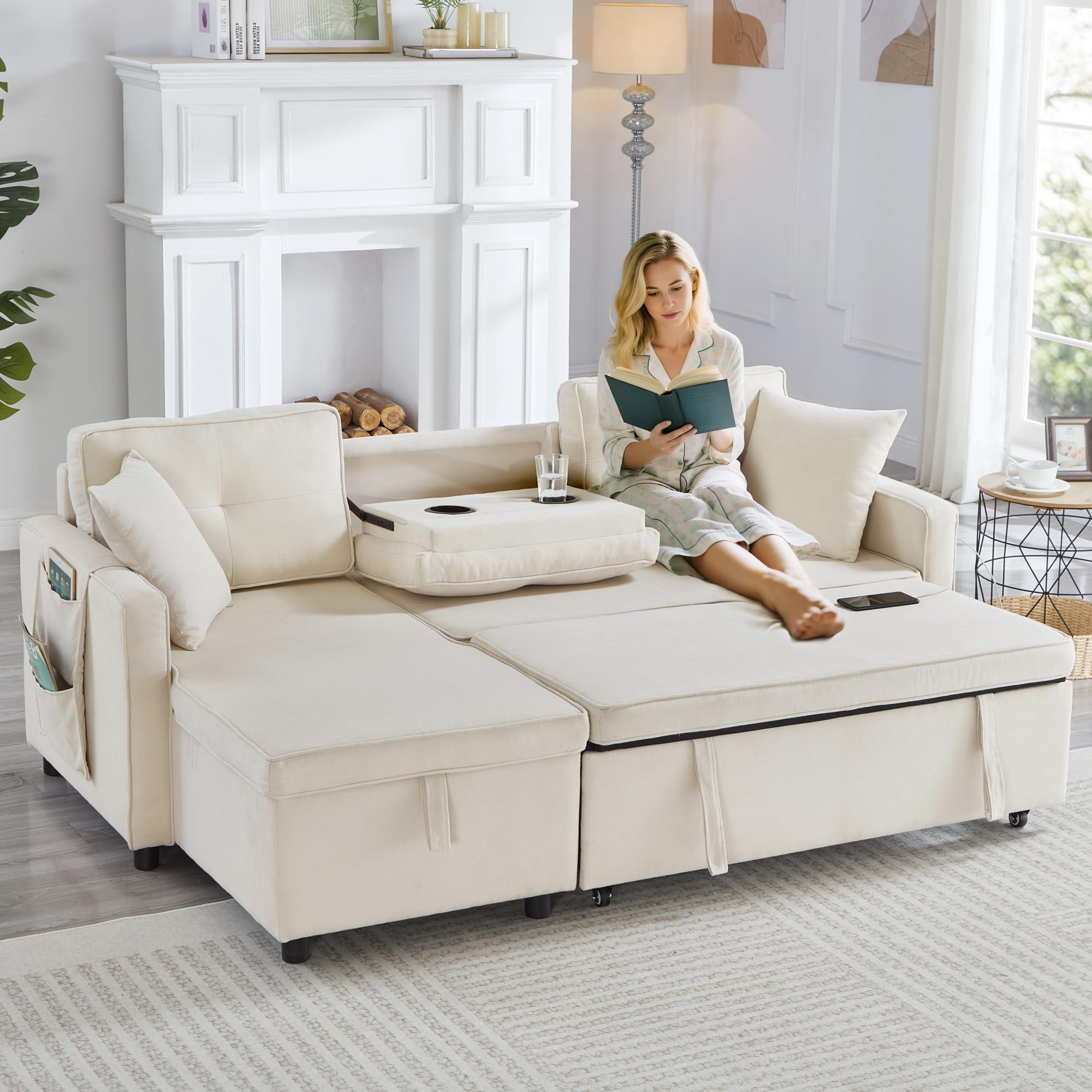 BTM L-Shaped Pull Out Sofa Bed, 3 Seater Sofa Bed, 3 in 1 Convertible Sectional Sofa with Storage Chaise, Drop-Down Table, Cup Holders and Charging Ports (USB & Type-C), Beige