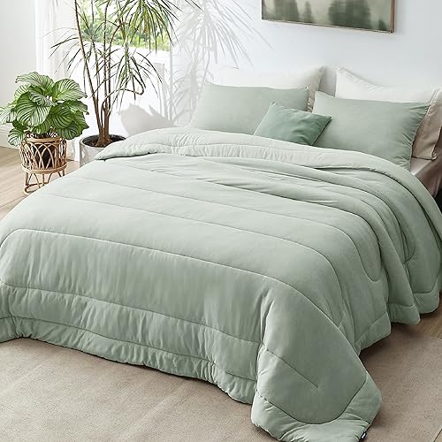 Bedsure Juego de edredón tamaño matrimonial, juego de cama refrescante y cálido, edredón reversible verde salvia para todas las estaciones, 3