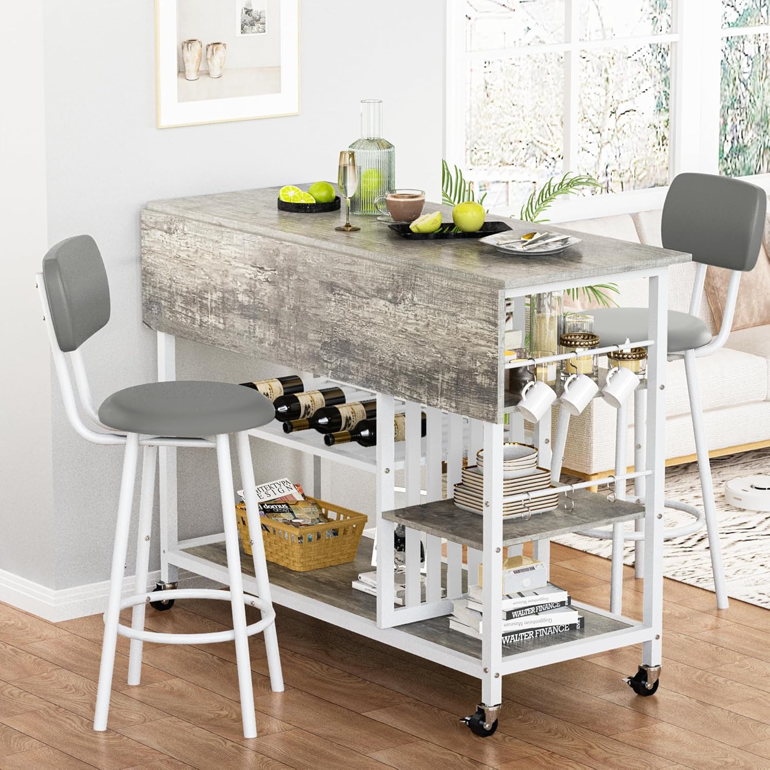 Recaceik Small Kitchen Island Table for 2 with Storage & Seating, Drop Leaf Dining Table Set for Small Space (Grey)