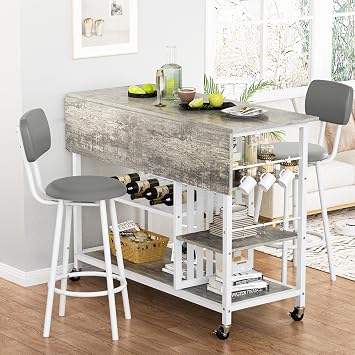 Rolling Kitchen Island Cart with Folding Drop Leaf Breakfast Bar, Portable Trolley Island with Large Storage Cabinet, Shelf and Drawer Grey