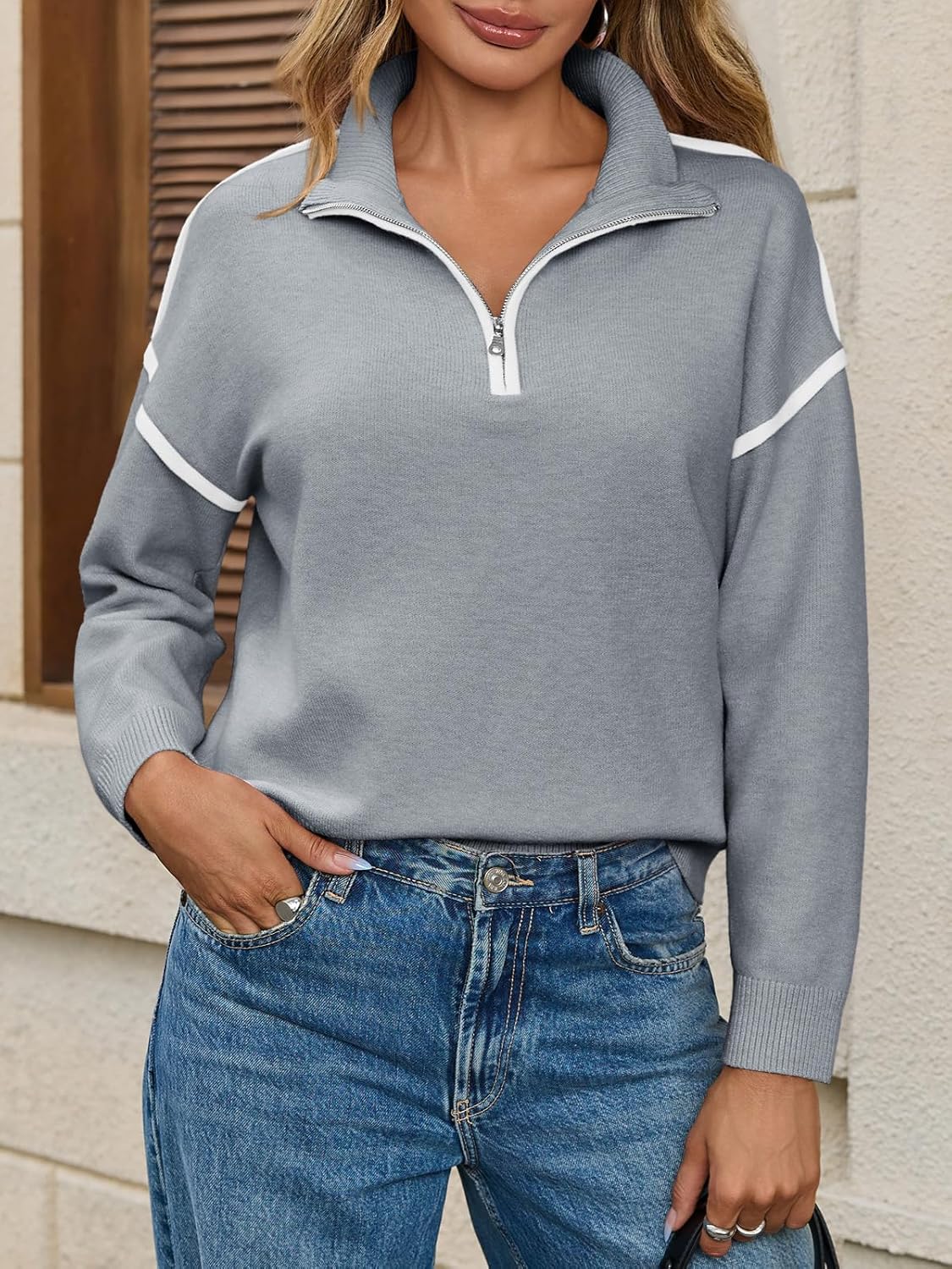 Saodimallsu Womens Quarter Zip Pullover Sweaters Casual Collared V Neck Color Block Long Sleeve Loose Knit Fall Sweater - Image 4