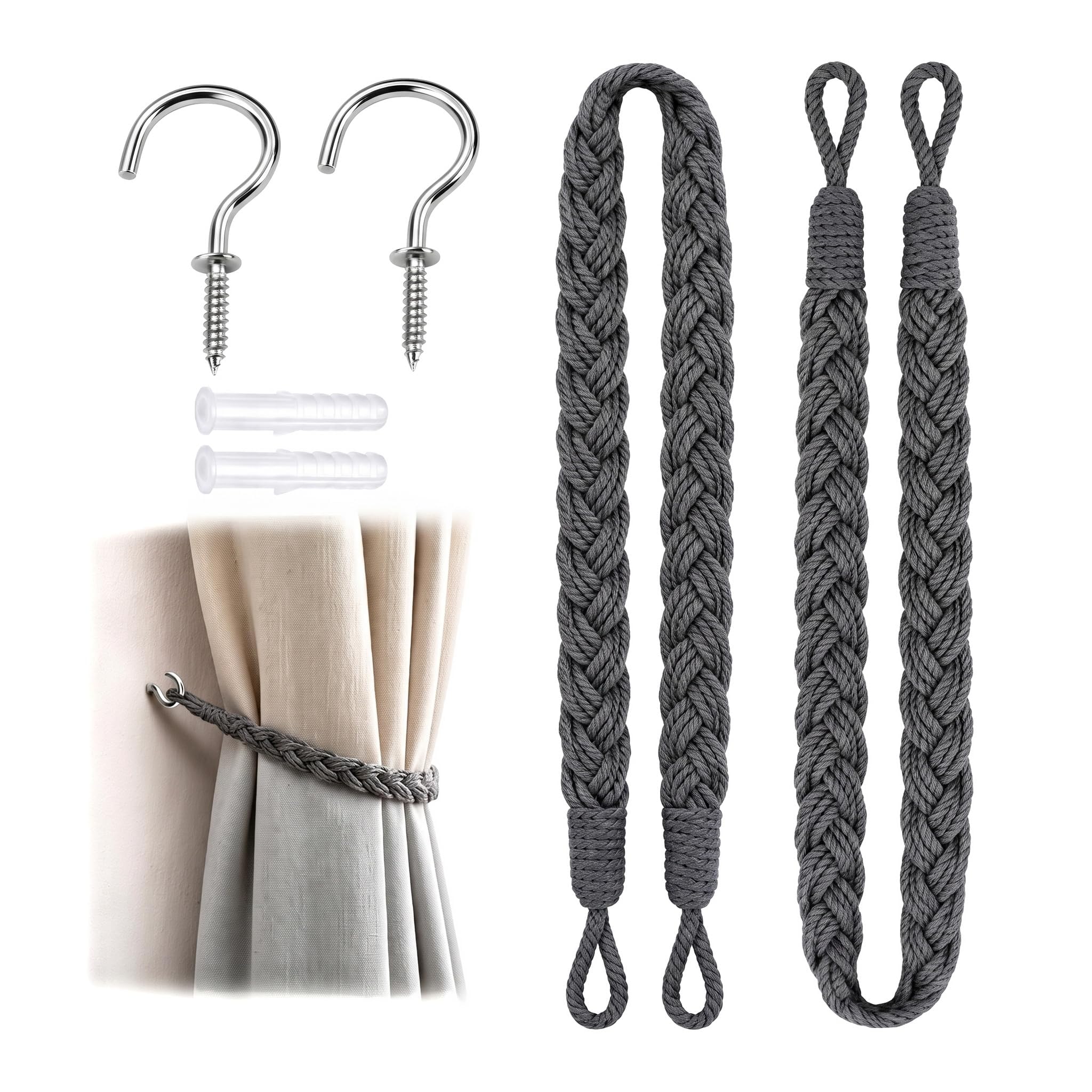 Grey Cotton Curtain Tiebacks, Hand-Woven Curtain Holdbacks with Hooks, Decorative Rope Curtain Ties for Living Room Bedroom, 2-Pack — image 1