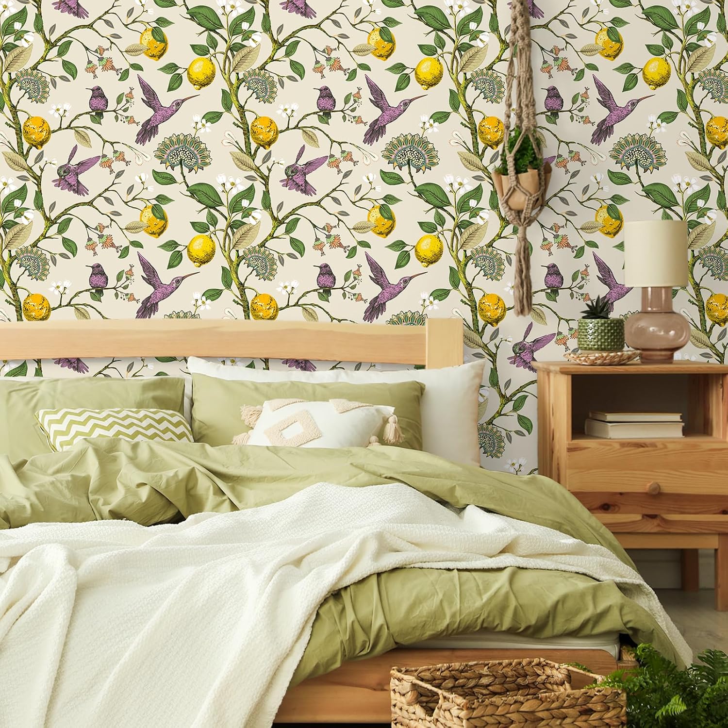 VEELIKE Lemon Wallpaper Stick and Peel Vintage Purple Bird Wallpaper 17.7''x118'' Removable Waterproof Lemon Tree Floral Wallpaper for Kitchen Bathroom Self Adhesive Lemon Contact Paper for Cabinets