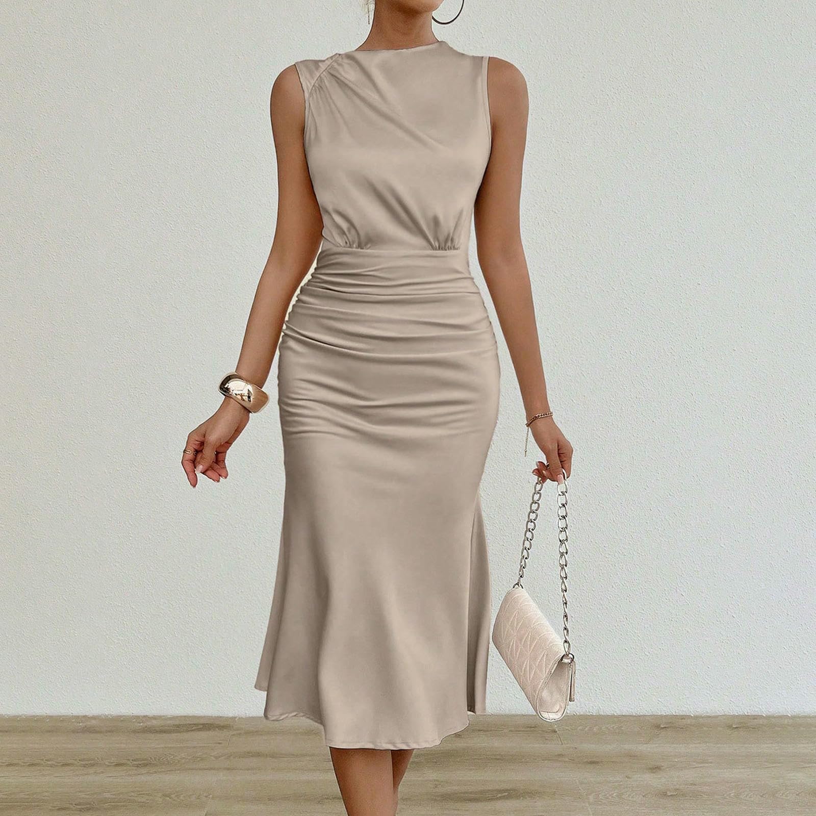 Robe Midi pour Femmes, Élégante Sexy De Soie Drapée Cou Rond Et Élégante-Blanc Cassé-s