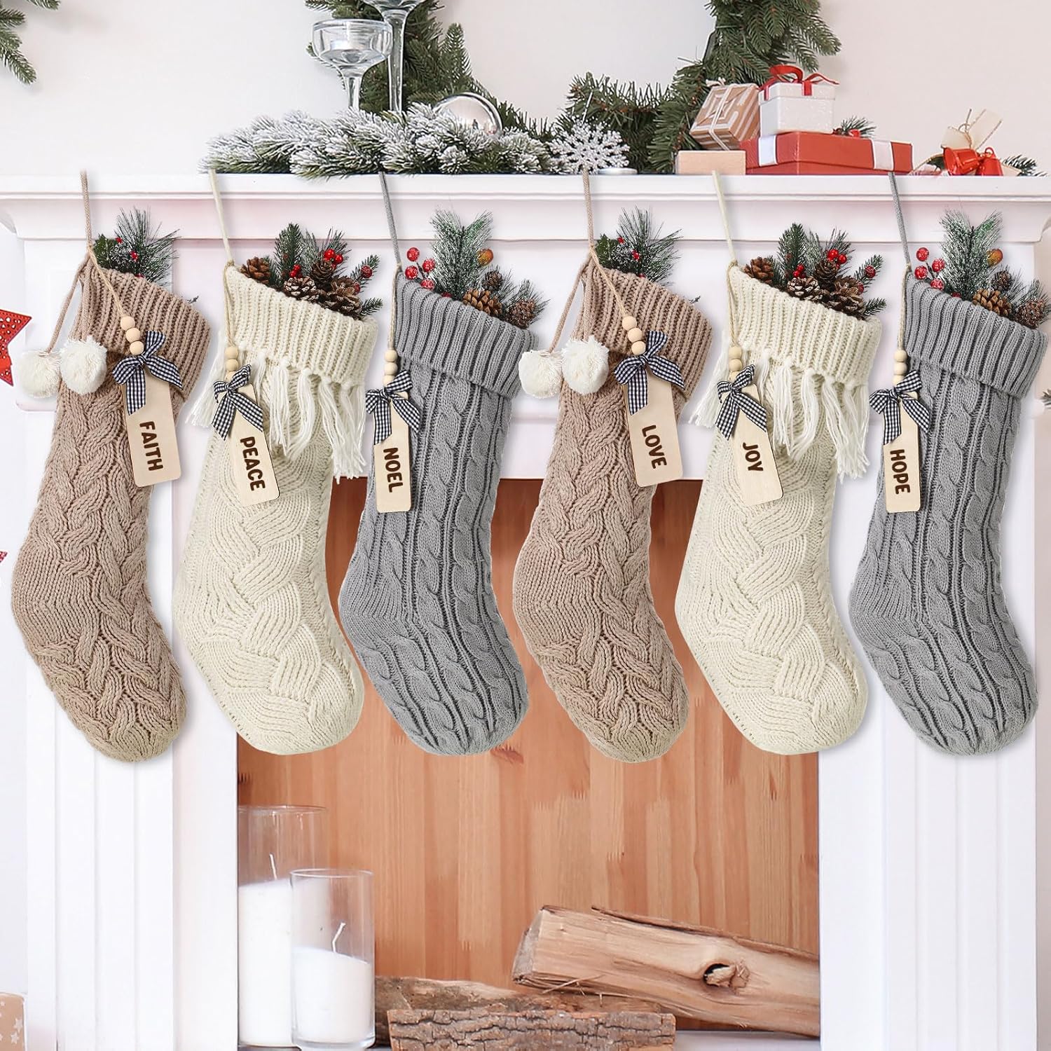 Zhanmai 6 Pack 18'' Khaki and Cream Cable Knit Boho Christmas Stockings Neutral Personalized Stockings with Wooden Name Tags Farmhouse Xmas Rustic Decorations for Family Holiday Decor (Retro Style)