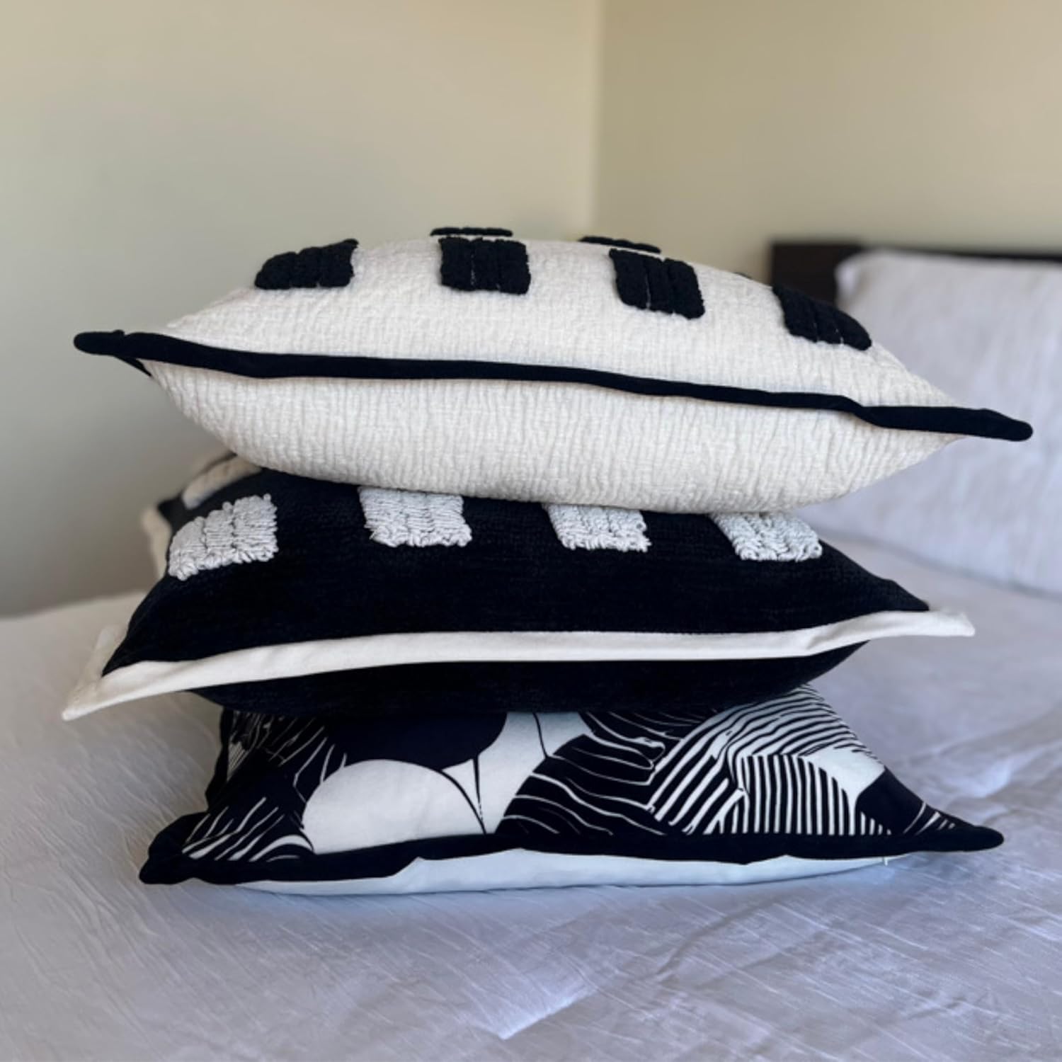 Tufted Boho Throw Pillow Cover, Soft and Luxurious Chenille Fabric, 18x18 inches, Decorative Black and White Pillowcase for Couch, Bedroom, Living Room, Modern Pillowcase for Home Decor - Image 4