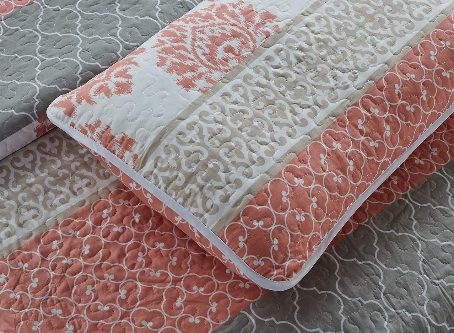 Masterplay 3-Piece Fine Printed (104" X 90") Quilt Set, Bedspread Coverlet King Size Bed Cover (Coral, Grey, Lattice, Stripe)