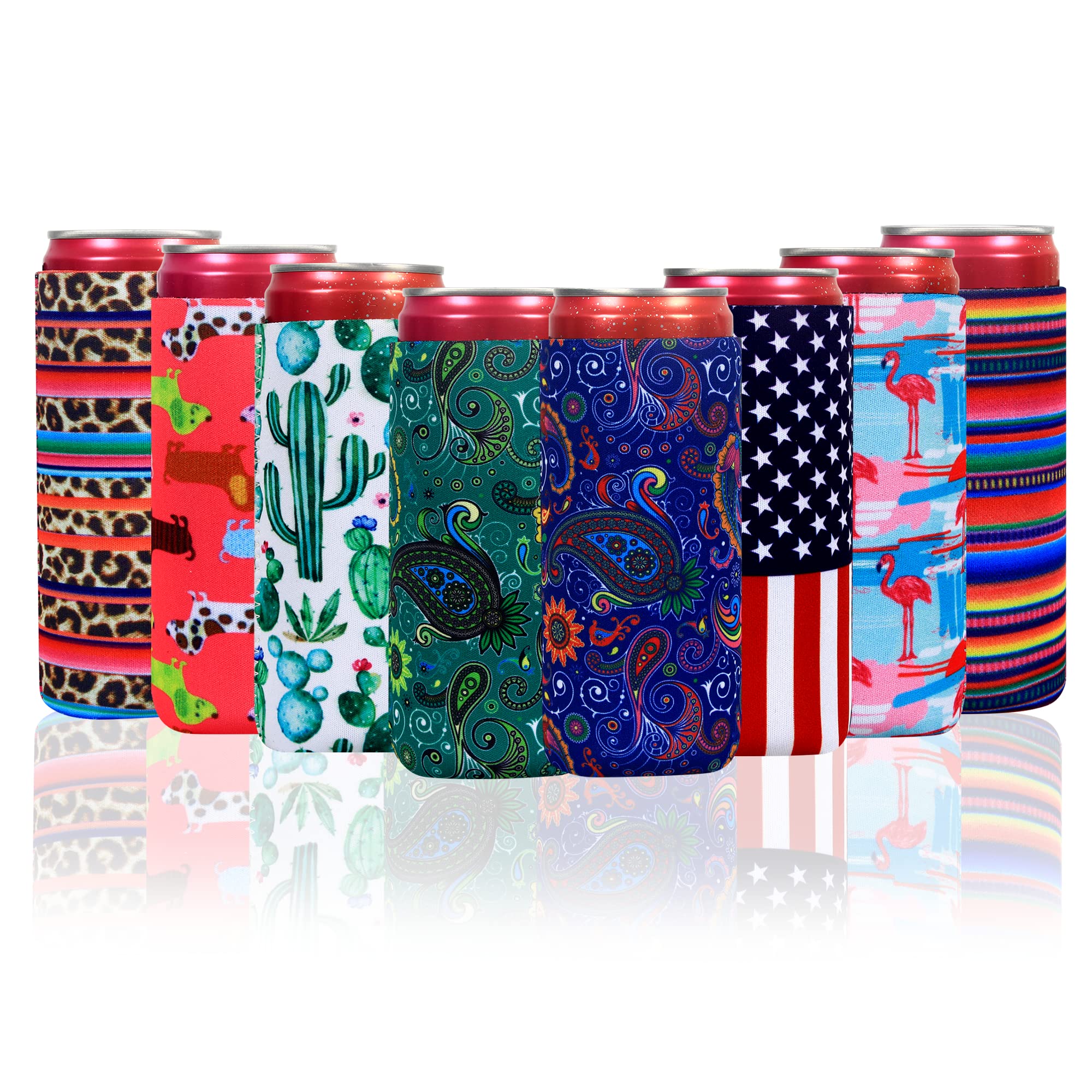 8 Pcs Slim Can Coolers Sleeves For 12oz Slim Beer & Hard Soda, Tall Skinny Can Cooler Holder Colorful Neoprene Bottle Insulator Perfect For Christmas Parties Valentines Day Gifts (Animal)
