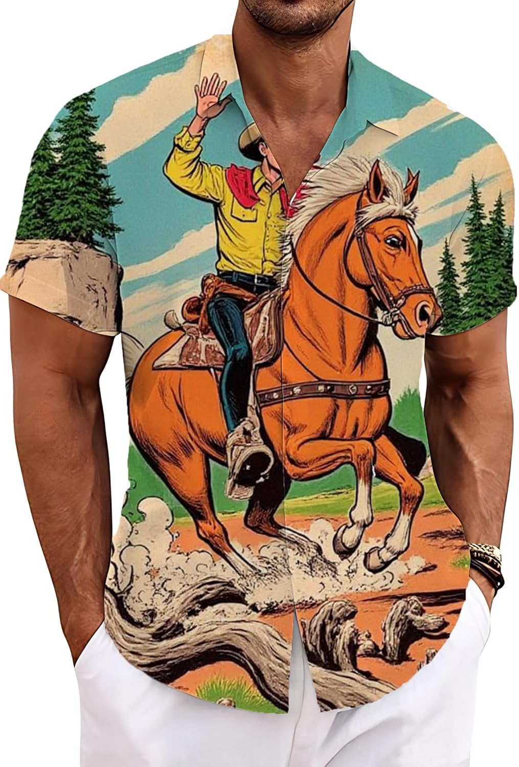 Cowboy Shirts for Men Western Shirts Rodeo Bowling Outfit Country Tshirt Mens Button Down Shirt Graphic T-Shirts