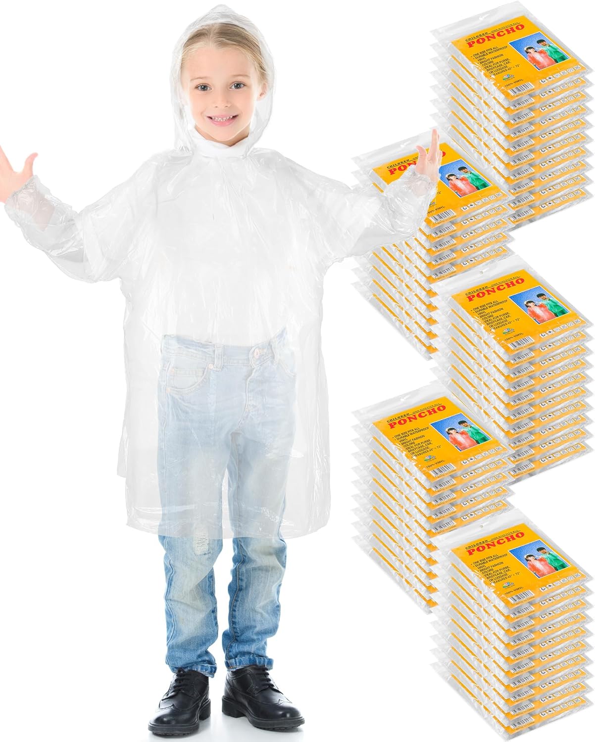 Berlune 50 Pcs Kid Rain Ponchos Bulk Disposable Ponchos for Kid Emergency Raincoat with Hood and Elastic Sleeves(Clear)