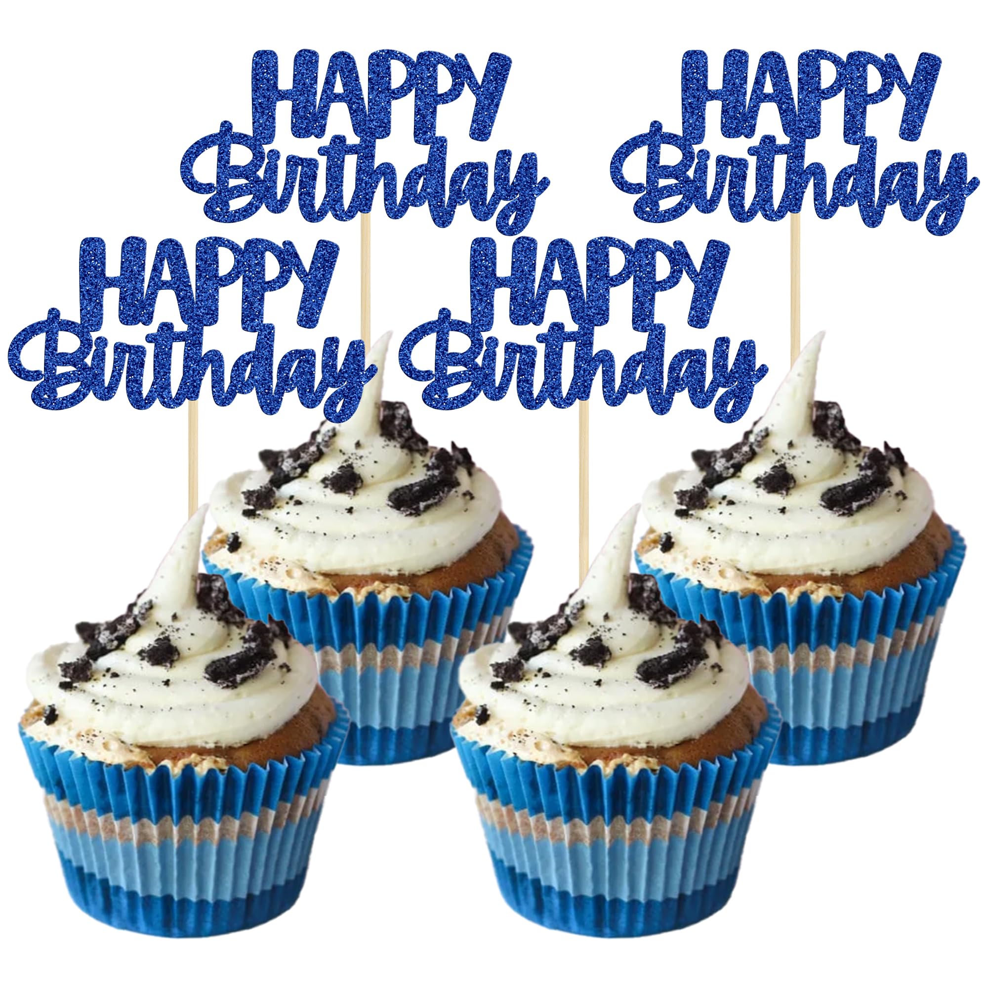 Gyufise 24Pcs Happy Birthday Cupcake Toppers Glitter Birthday Cupcake Food Picks for Celebrating Happy Birthday Theme Party Cake Decorations Supplies Deep Blue