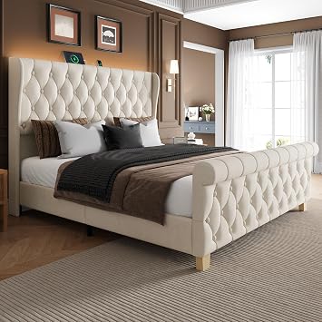 King Size Bed Frame with Headboard, Velvet Upholstered Bed Frame