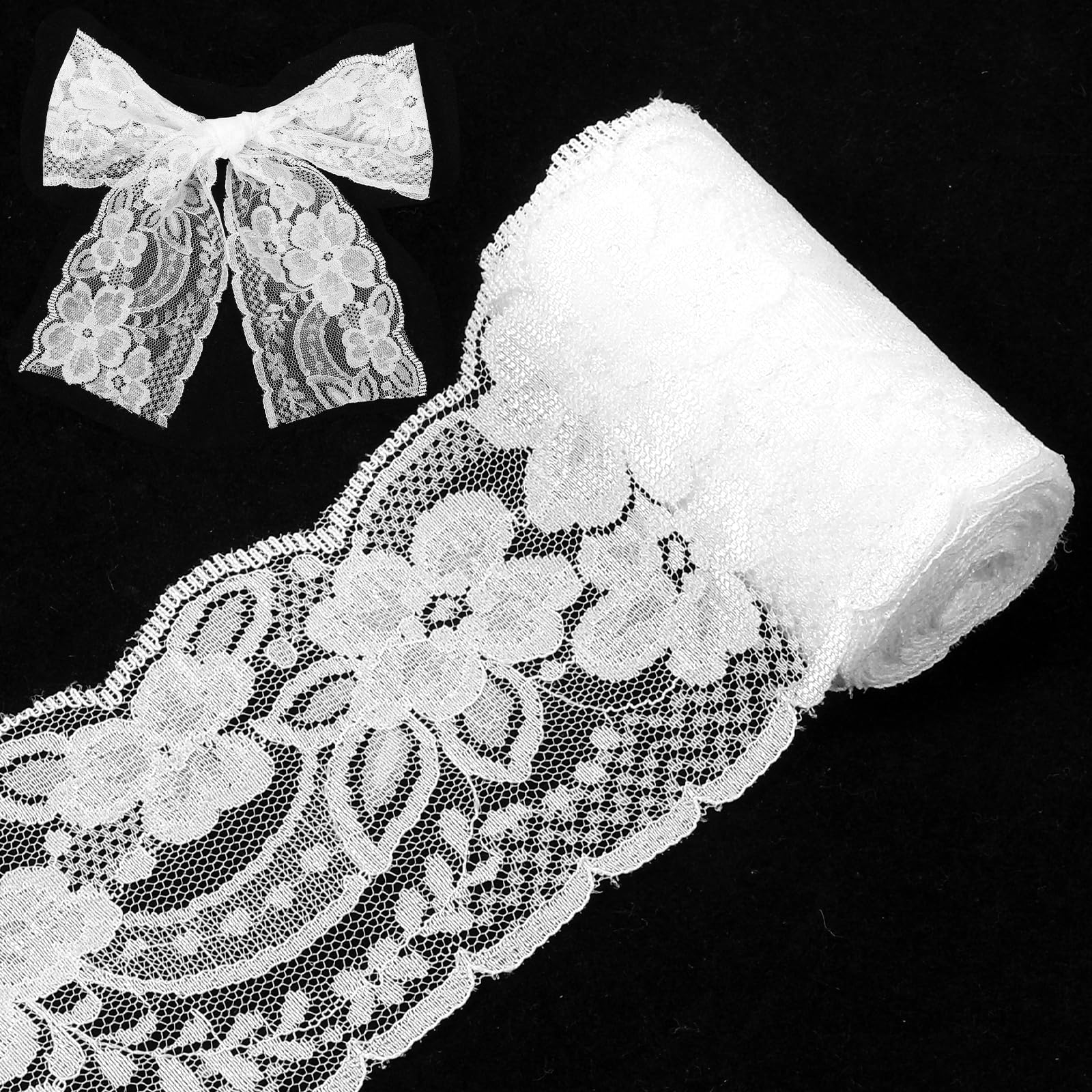 Photo 1 of Yuomeaz 5Yard White Lace Trim, 3inch Width White Lace Ribbon for Sewing, Flower Laces Ribbon, Antique Fabric Embroidered for Clothes, Dresses, Craft, Bag, Gift Package, Bouquet, Wedding Decoration
