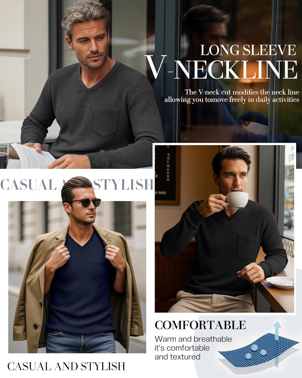 3 Pack Men's Waffle Thermal Long Sleeve Shirts V Neck Lightweight Tops Casual Pullover Undershirts with Pocket - Image 5