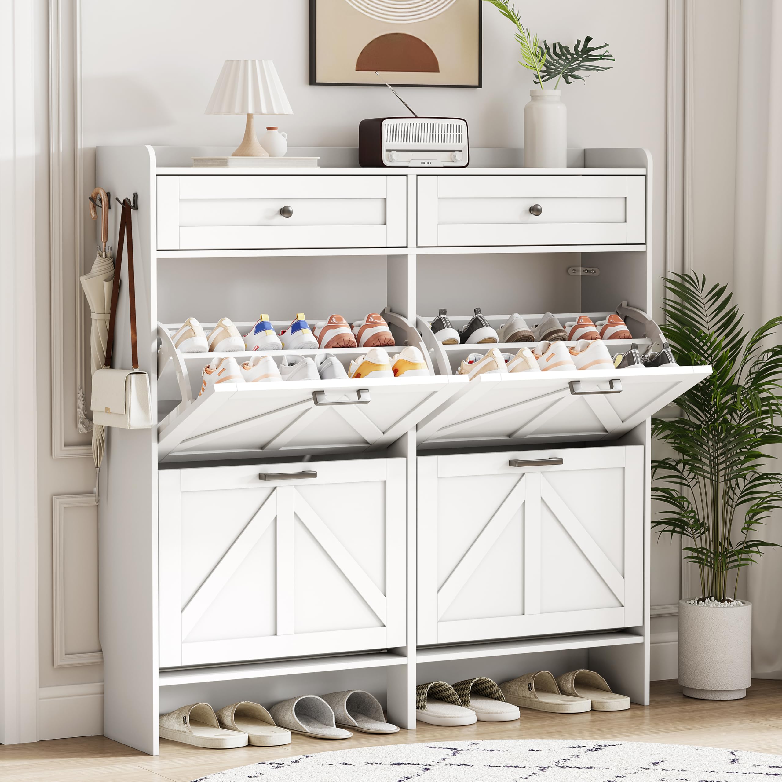 Shoe Cabinet with 4 Flip Drawers &amp; 2 Top Drawers, 43" Tall Freestanding Shoe Storage Organizer for Entryway, Wooden Narrow Hidden Slim Shoe Rack for Front Door Entrance, Hallway, Living Room, White