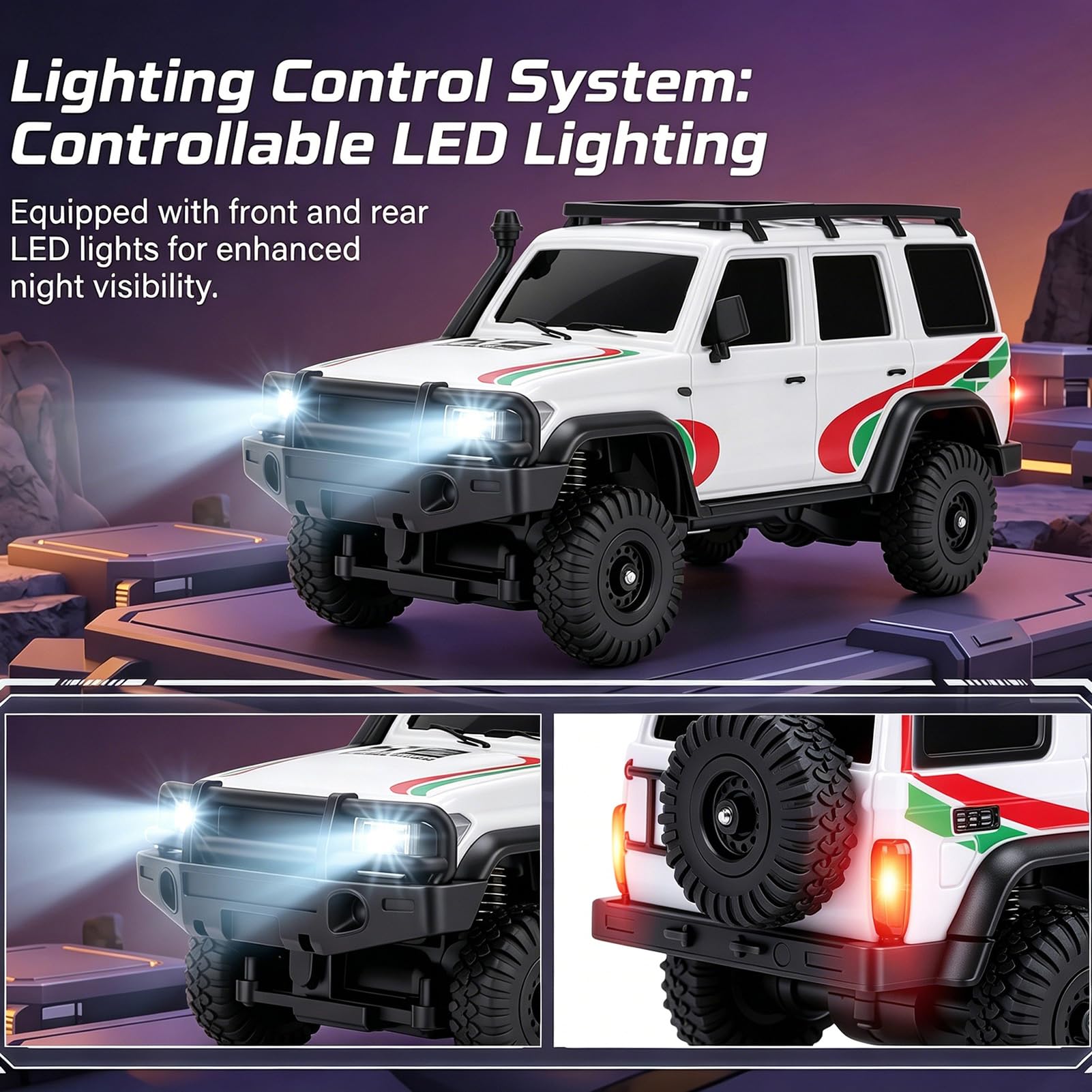 Auto fuoristrada radiocomandata in scala 1:43, auto radiocomandata 2,4G completamente proporzionale con luci LED, crawler elettrico controllato tramite app, per adulti, portata 40 m