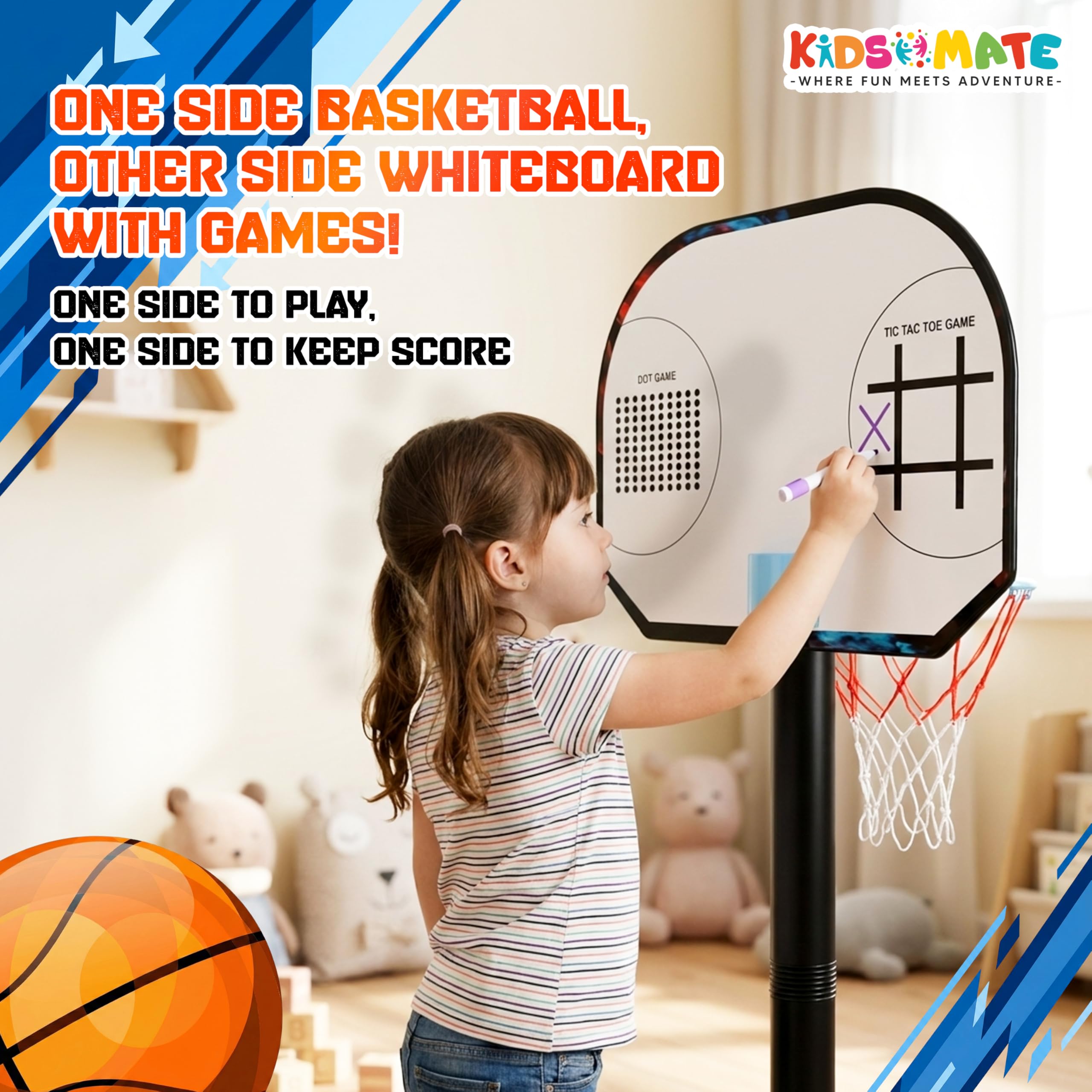 Kidsmate 3-in-1 Basketball Play Set for Kids with Adjustable Basketball Hoop, Tic Tac Toe & Dot Game Board, Basketball Net Stand Indoor Outdoor Toy, Best Gift for Boys & Girls - Multicolor — Amazon image 7