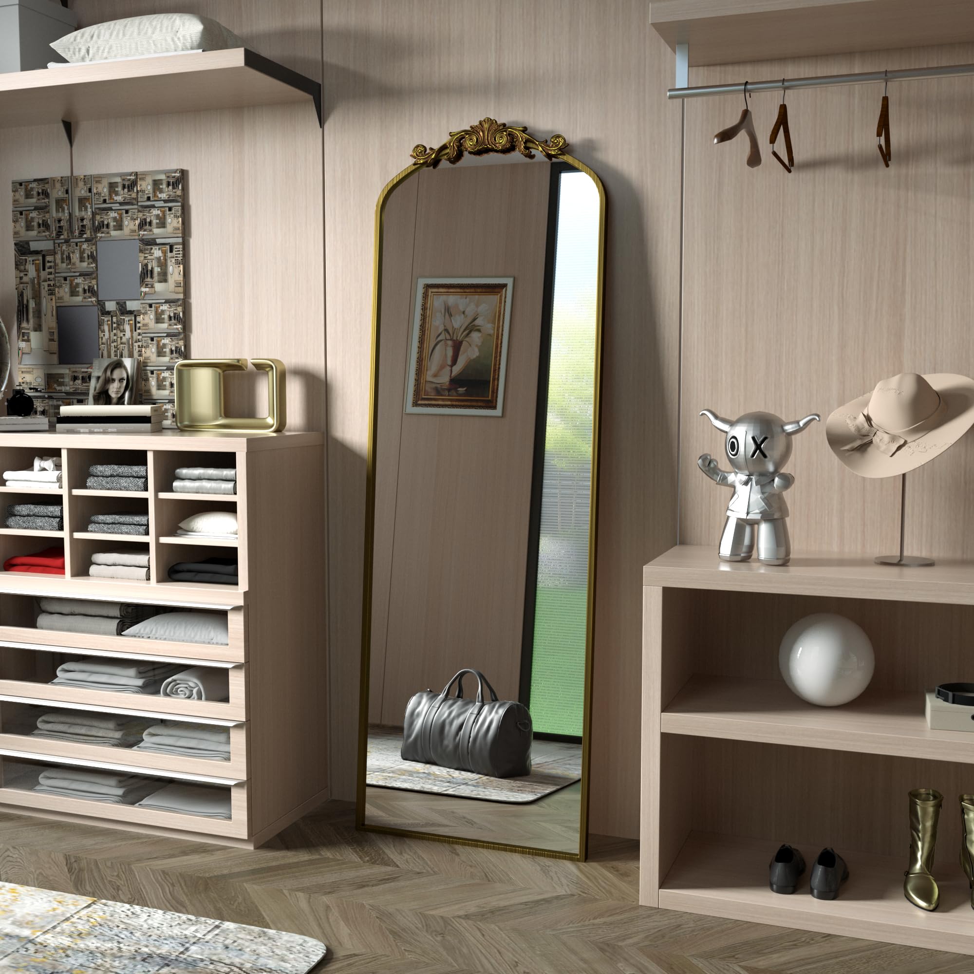 Gold Arched Full Length Mirror 65x22, Baroque Inspired Vintage Body