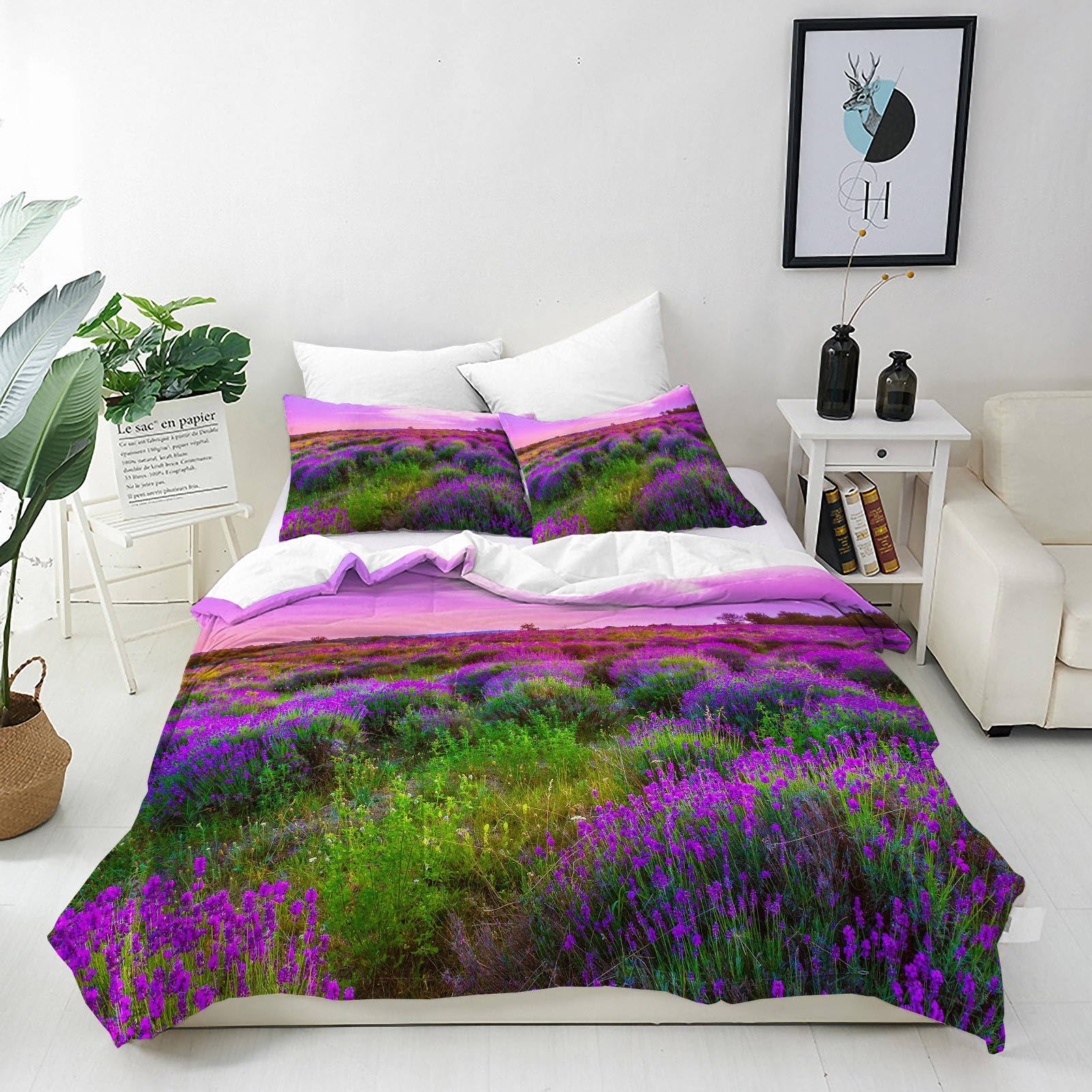 ANHOPE Lavender Duvet Cover Set Soft Lightweight Microfibre 3 Piece Bedding Set with 2 Pillowcase Nature Countryside Pink Purple Flower Print Pattern All Season Quilt Cover with Zipper Closure Double