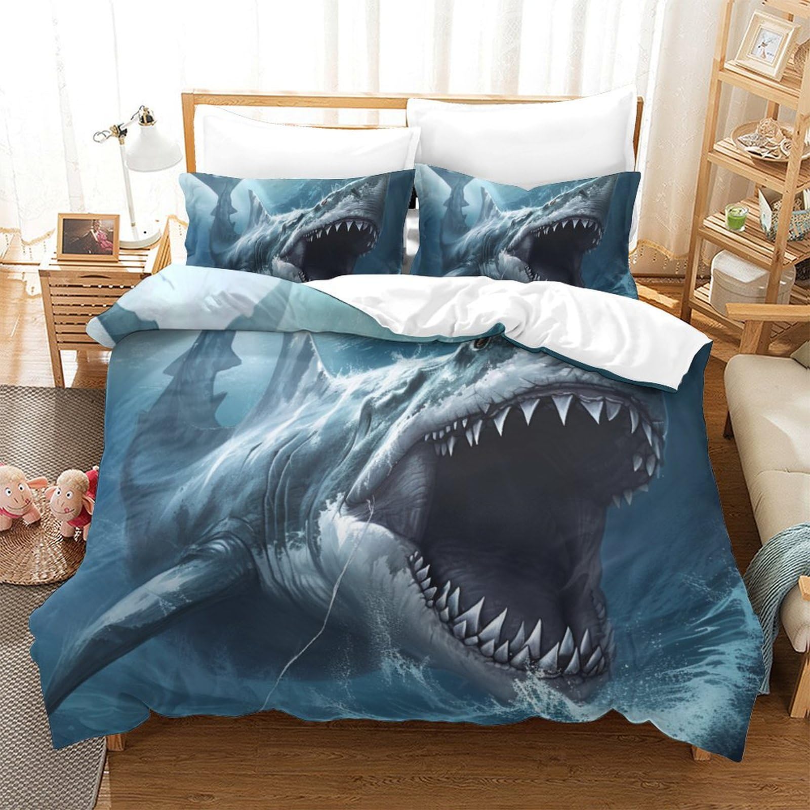 Housse de couette requin blanc 260x220 cm en microfibre avec 2 taies d'oreiller