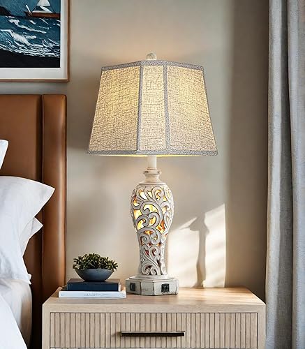 Miniatura 7 de Juego de 2 lámparas de mesa rústicas para sala de estar, dormitorio, lámpara de mesita de noche vintage con 2 puertos USB, lámpara de resina hueca