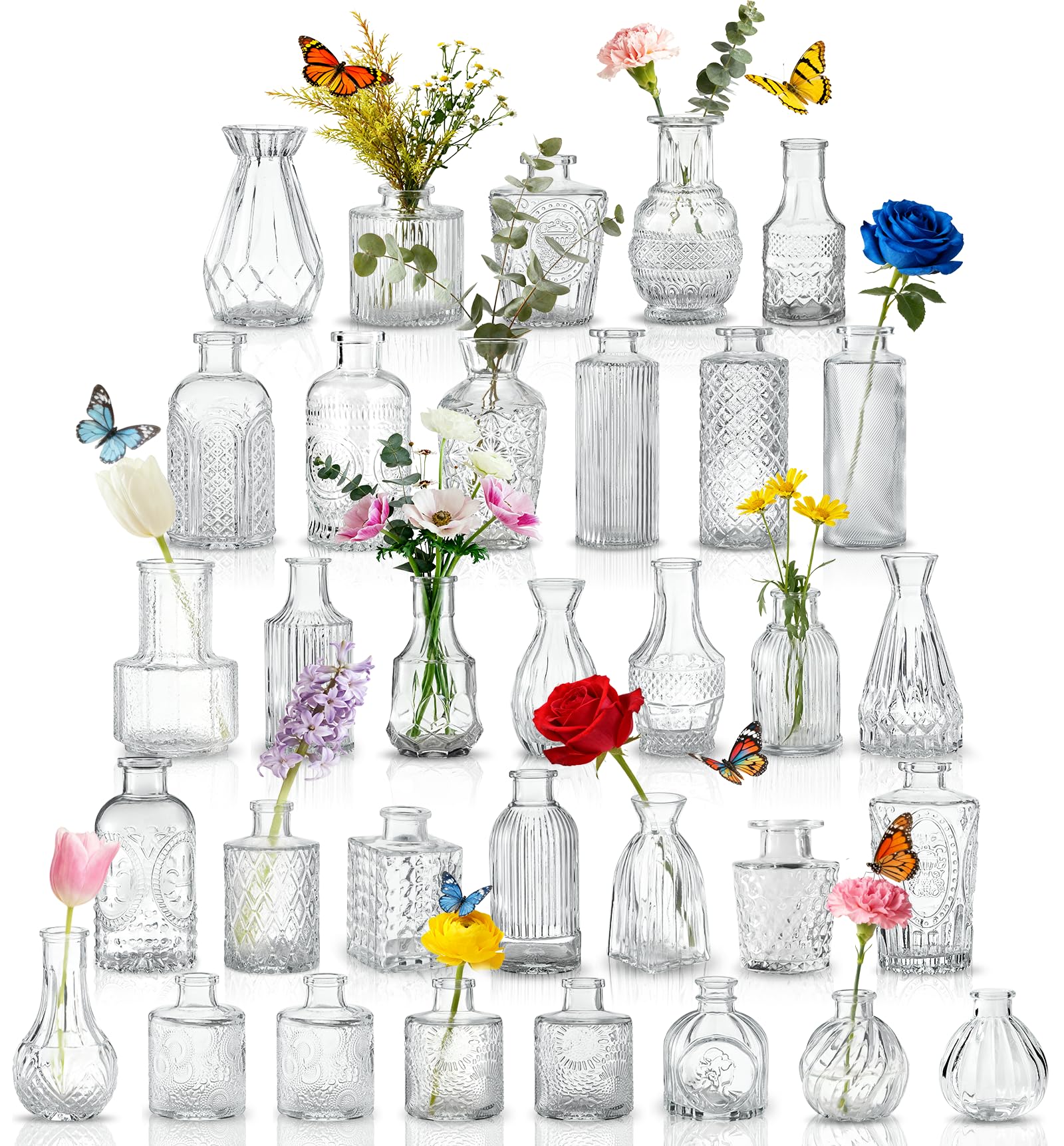 33 Jarrones de Cristal, Jarras Miniatura para Centros de Mesa, Jarrones Pequeñas Transparentes para Flores, Ideal para Decoración de Cumpleaños, Recepción de Boda y Decoración Hogareña