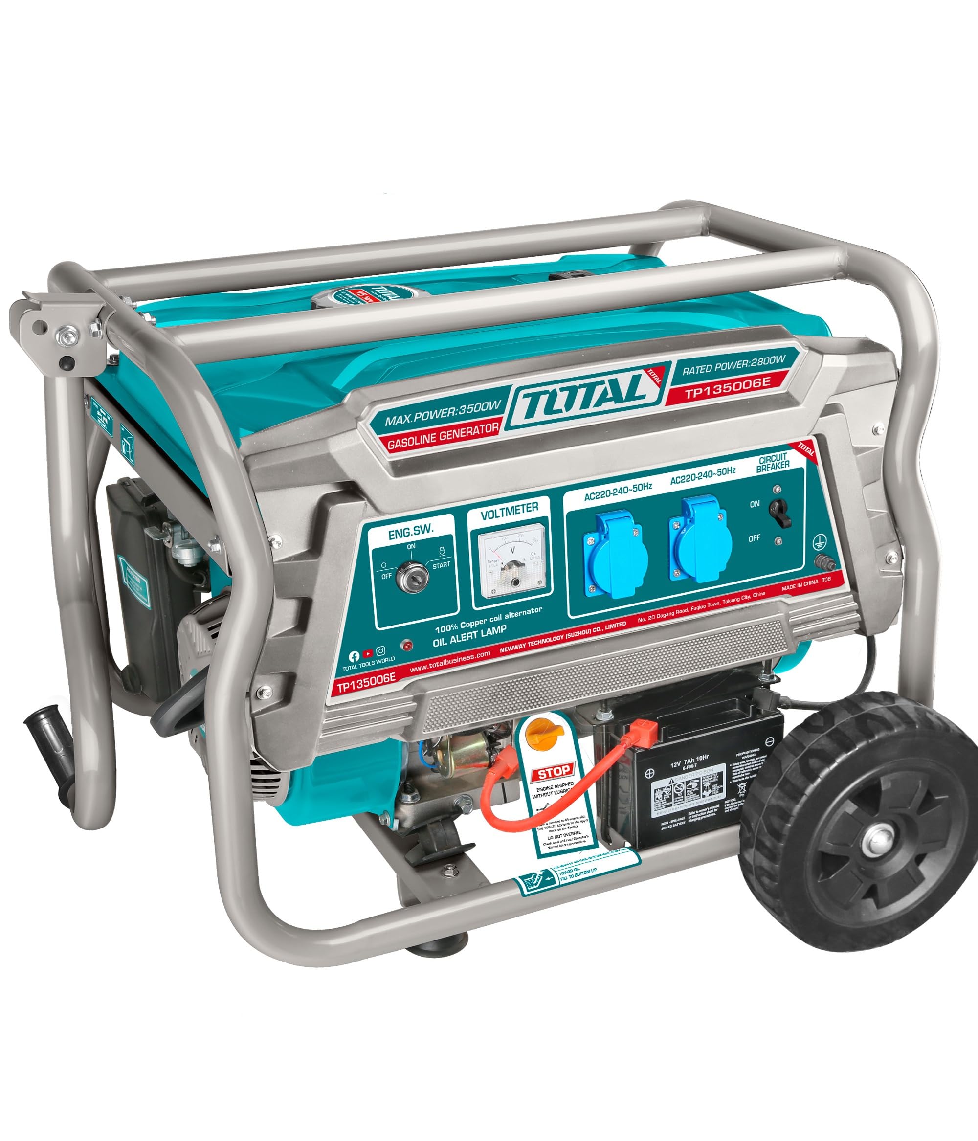 TOTAL - Generatore di Corrente Portatile 3500W a Benzina, Alternatore in Rame, Avviamento Elettrico e Manuale, Motore 4 Tempi OHV, Silenziato, Serbatoio 15L, Ruote e Impugnatura