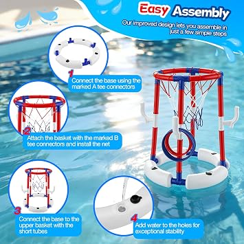 Pool Basketball Hoop & Ring Toss Games, 2-in-1 Swimming Pool Toys with 4 Balls,12 Rings & Pump, Floating Summer Pool Game for Kids/Teens/ Adults, Fun Outdoor Water Activity for Beach Party, Age 3-12