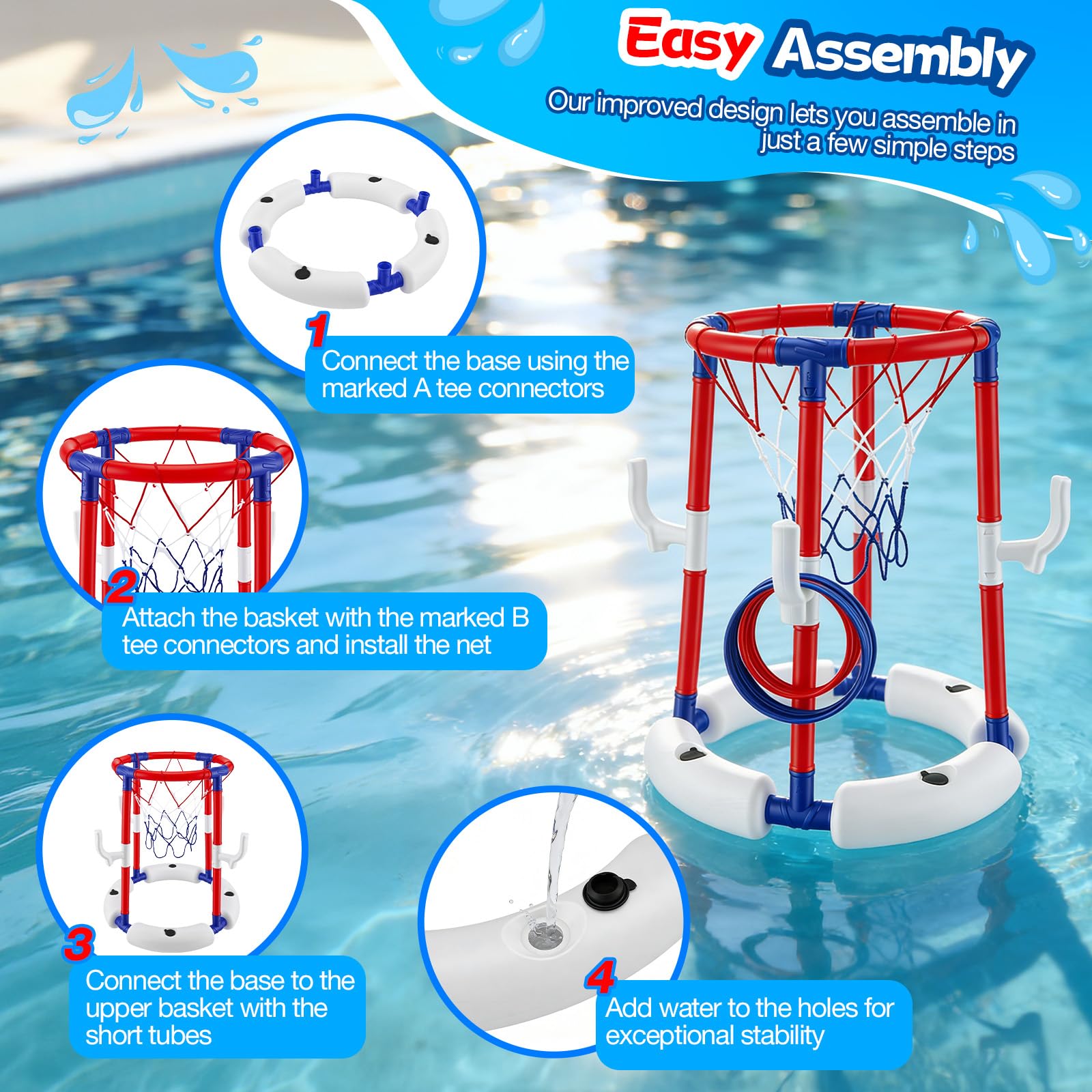 Canestro da Basket per Piscina Galleggiante Set con 4 Palline Gonfiabili e 12 Anelli da Lancio, Giochi Piscina Bambini, Struttura Stabile e Sicura, Gioco Acqua Estate per Famiglie, Ragazzi e Adulti