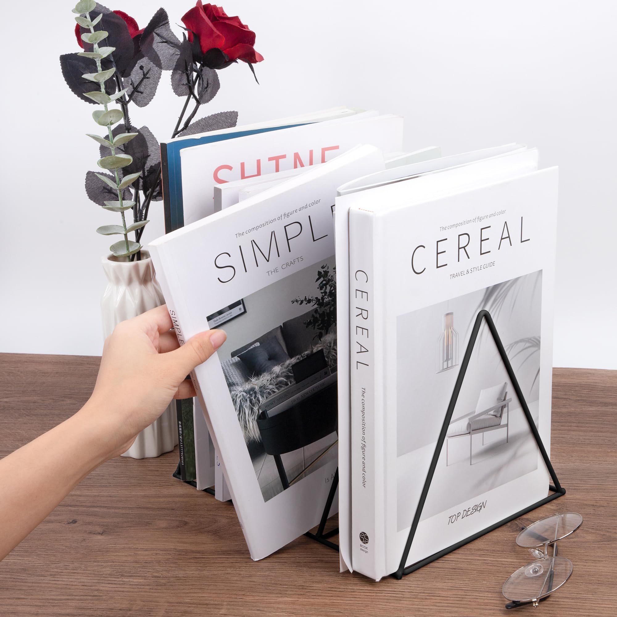 Sujetalibros de Metal, Soporte for Revistas, Organizador de Archivos Triangular Almacenamiento de Escritorio para Documentos, Periódicos,Oficina, Decoración de Hogar