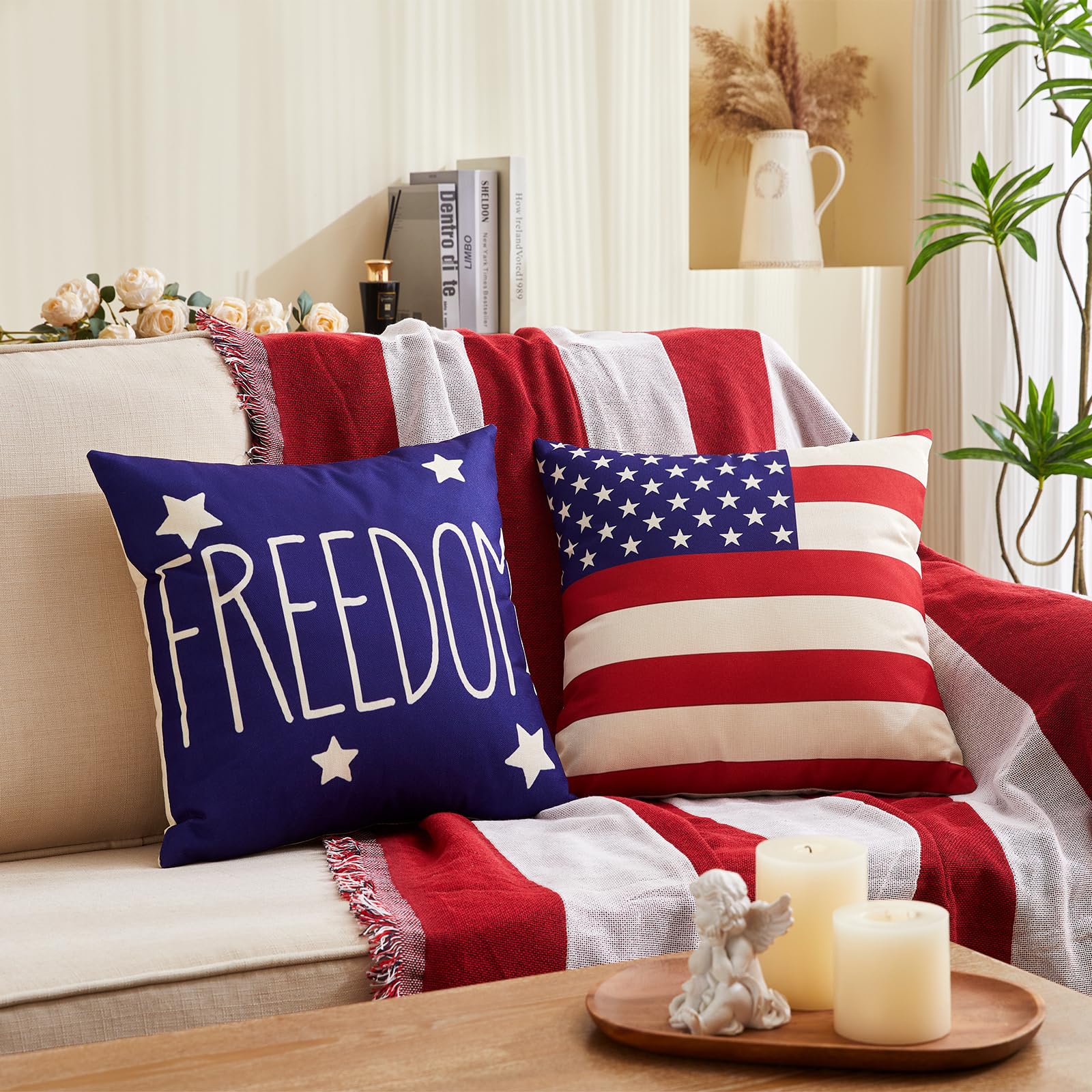 4th of July Pillow Covers 18x18 Inch,Set of 4 Patriotic Red White Blue Summer Outdoor Throw Pillow Covers,Independence Memorial Day USA Flag Linen Fourth of July Cushion Case for Sofa Couch Decor 3