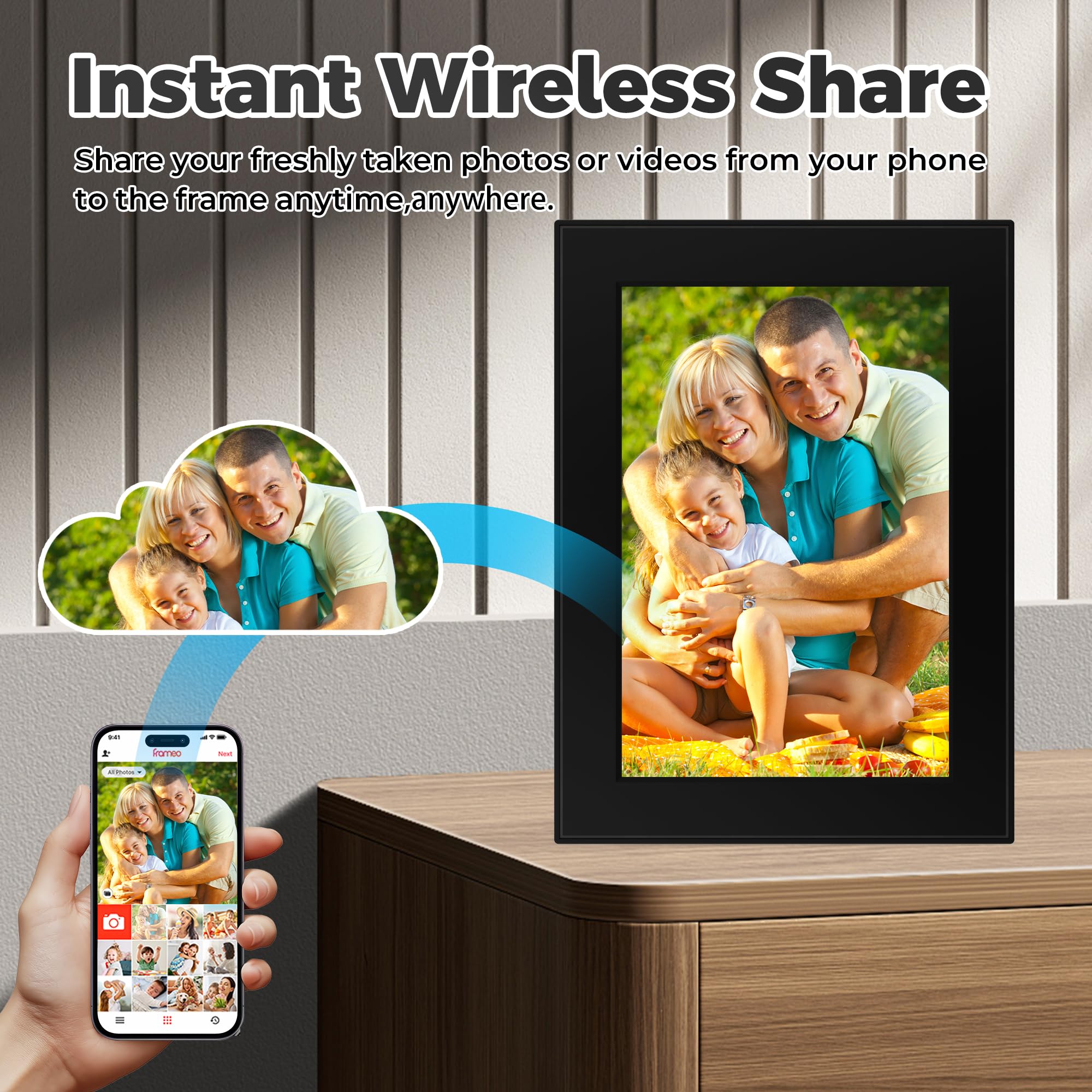 Marco de fotos digital WiFi de 32 GB, marco de fotos Frameo de 10.1 pulgadas, pantalla táctil IPS HD de 1280 x 800, rotación automática, comparte fotos/videos al instante a través de la aplicación