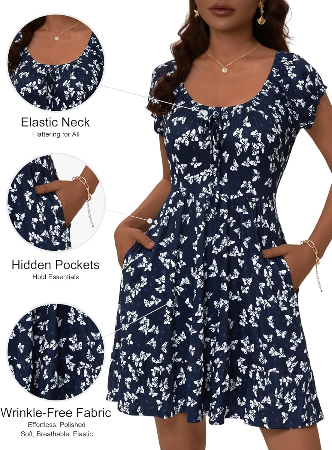 HUHOT Teen Petite Women Floral Short Summer Mini Dresses with Pockets Cute Milkmaid Sundress 2026 - Image 4