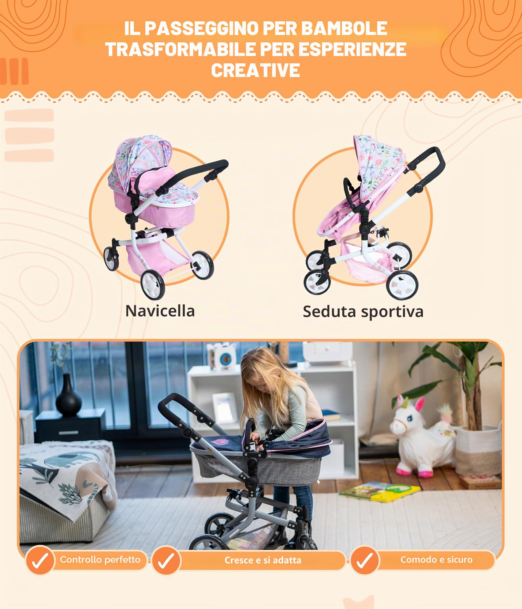 Bayer Chic 2000 - Passeggino per bambole Mika, passeggino combinato 2 in 1 per bambini dai 4 agli 8 anni, passeggino per bambole fino a 52 cm, fiori, rosa