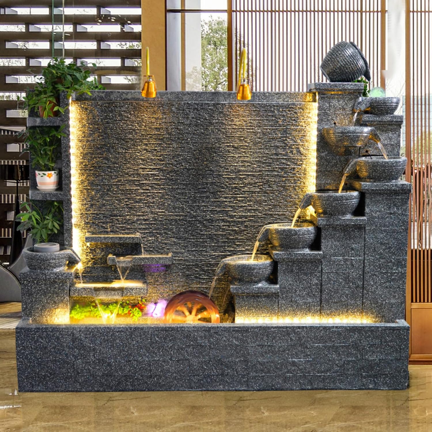 Modern 6.6ft Cement Standing Fountain with Tiered Water Bowl and LED Lighting | Indoor and Outdoor use | Rain and UV Resistant (B)(A+B)