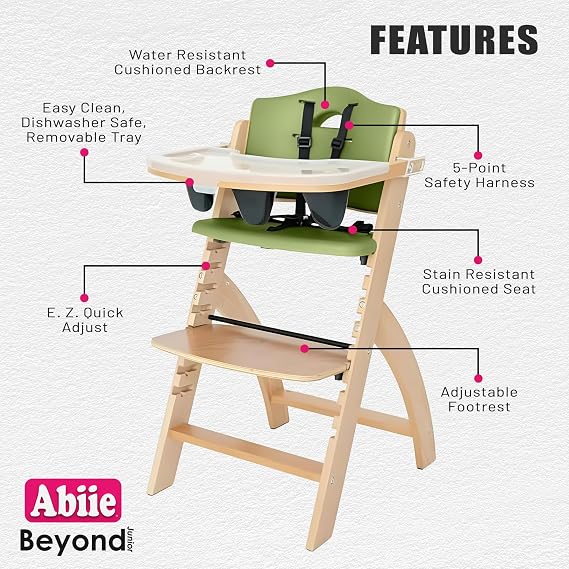 Abiie Beyond Junior Wooden High Chair for Babies and Toddlers - Convertible 3-in-1 Baby Highchair with Removable Tray - 6 Months to 250 Lb - Water Resistant - Natural Wood/Olive Cushion