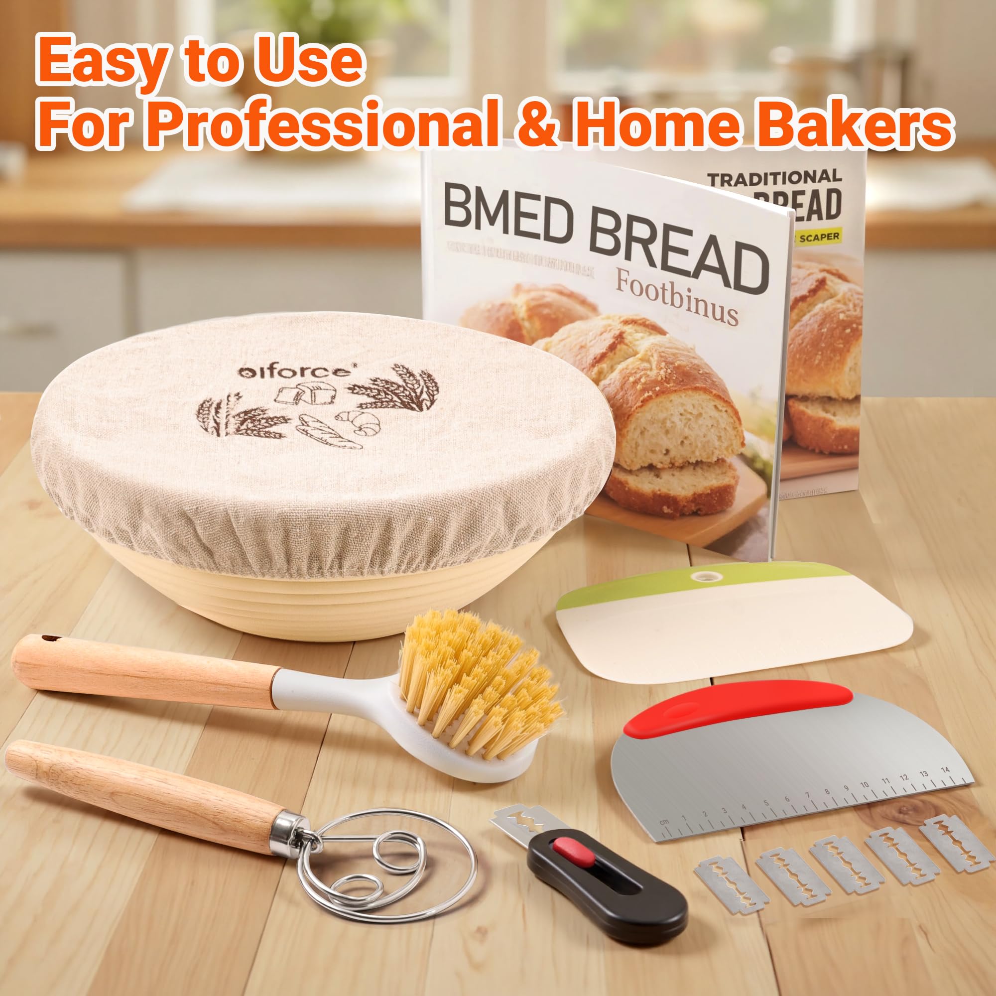 Banneton Runde ovale Brotkörbe mit Einlagen und Abdeckungen, Brot, Käsepaste, Pinsel, Schüsselschaber und Edelstahlschaber zum Backen