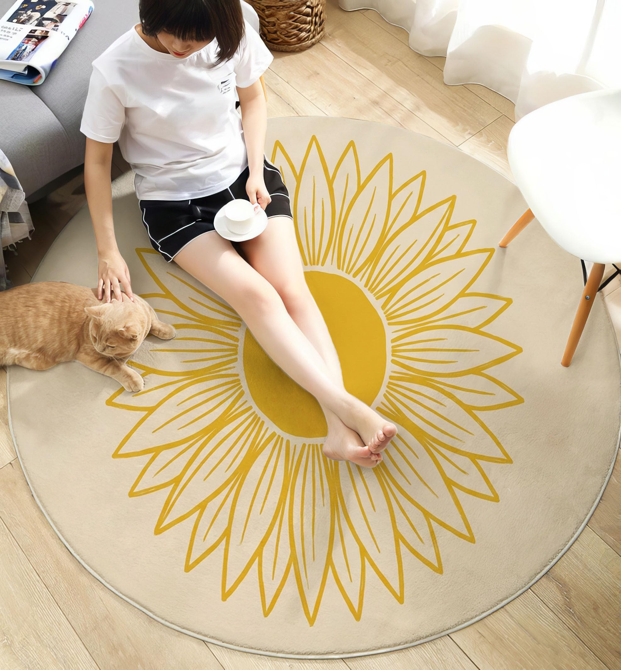 Tapis Rond 160 Cm Tournesol Aux Lignes Simples Salon Chambre | Moquette Lavable Doux, Tapis Adulte Plantes De Bohême Descente De Lit Antidérapant Decoration, Beige