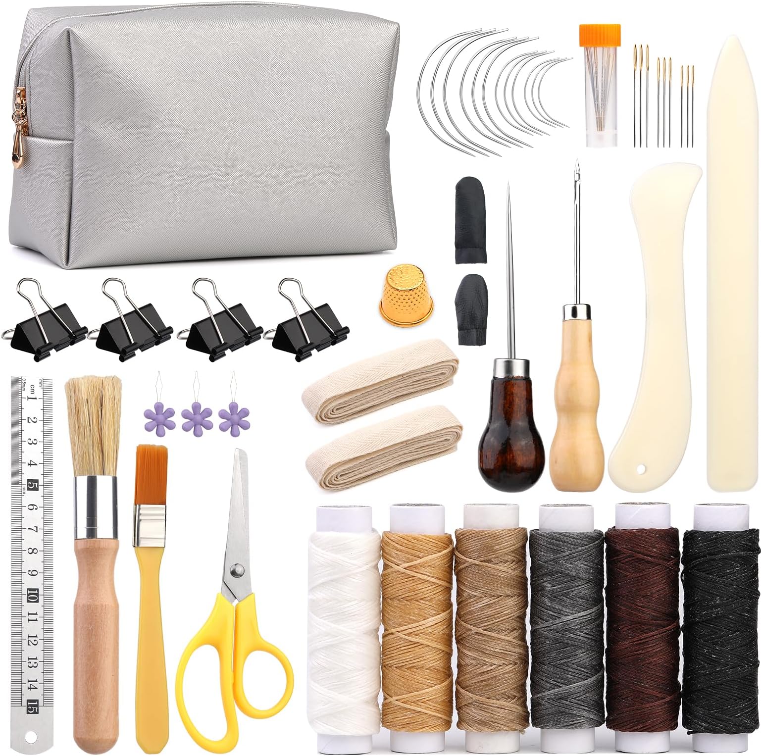 49 Pcs Book Binding Kits for Beginners Hand Bookbinding Tools Bookbinding Supplies with Paper Awl Binding Ribbon Brush and Steel Ruler for DIY Bookbinding Crafts